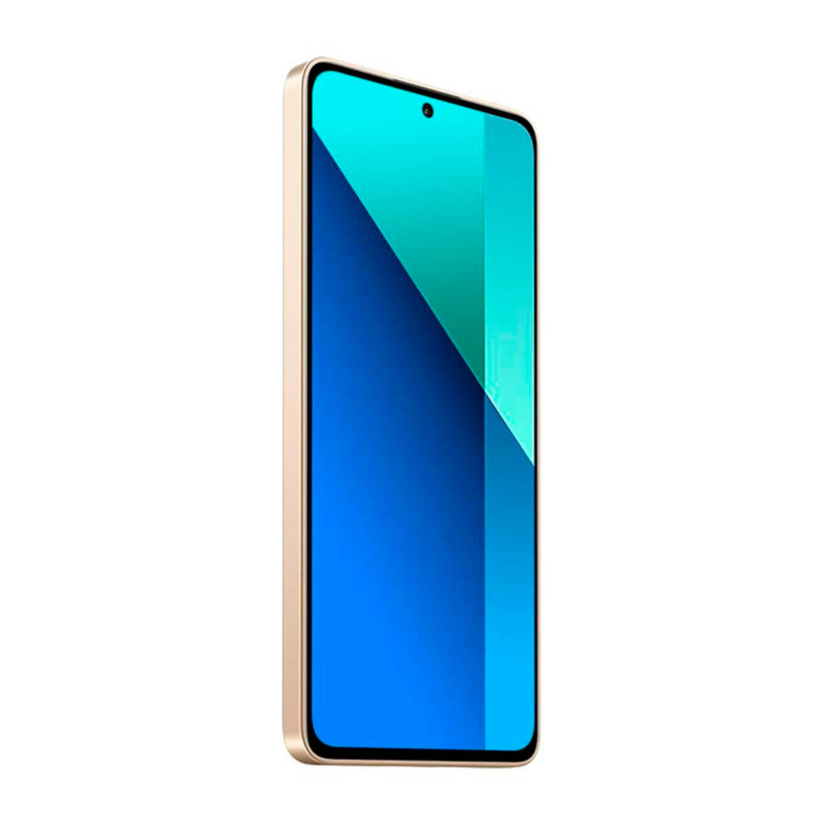 Goldgerahmtes Smartphone mit blau-grünem Display, schräge Ansicht, auf weißem Hintergrund.