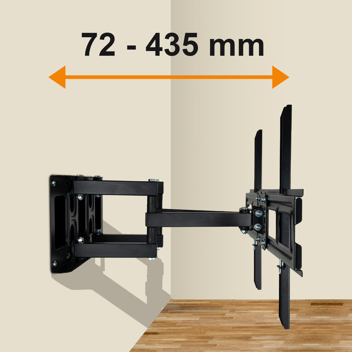 Schwarze TV-Wandhalterung an einer beigen Wand. Ein Messpfeil zeigt die Länge 72-435 mm.