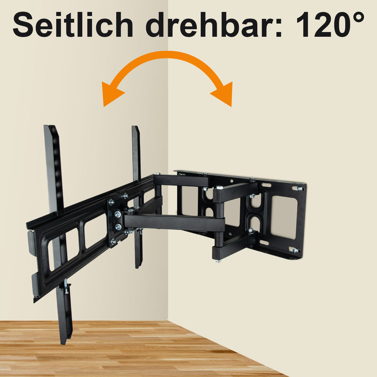 Schwarze TV-Halterung an einer Wand. Pfeile zeigen 120° Drehfähigkeit. Holzfußboden.