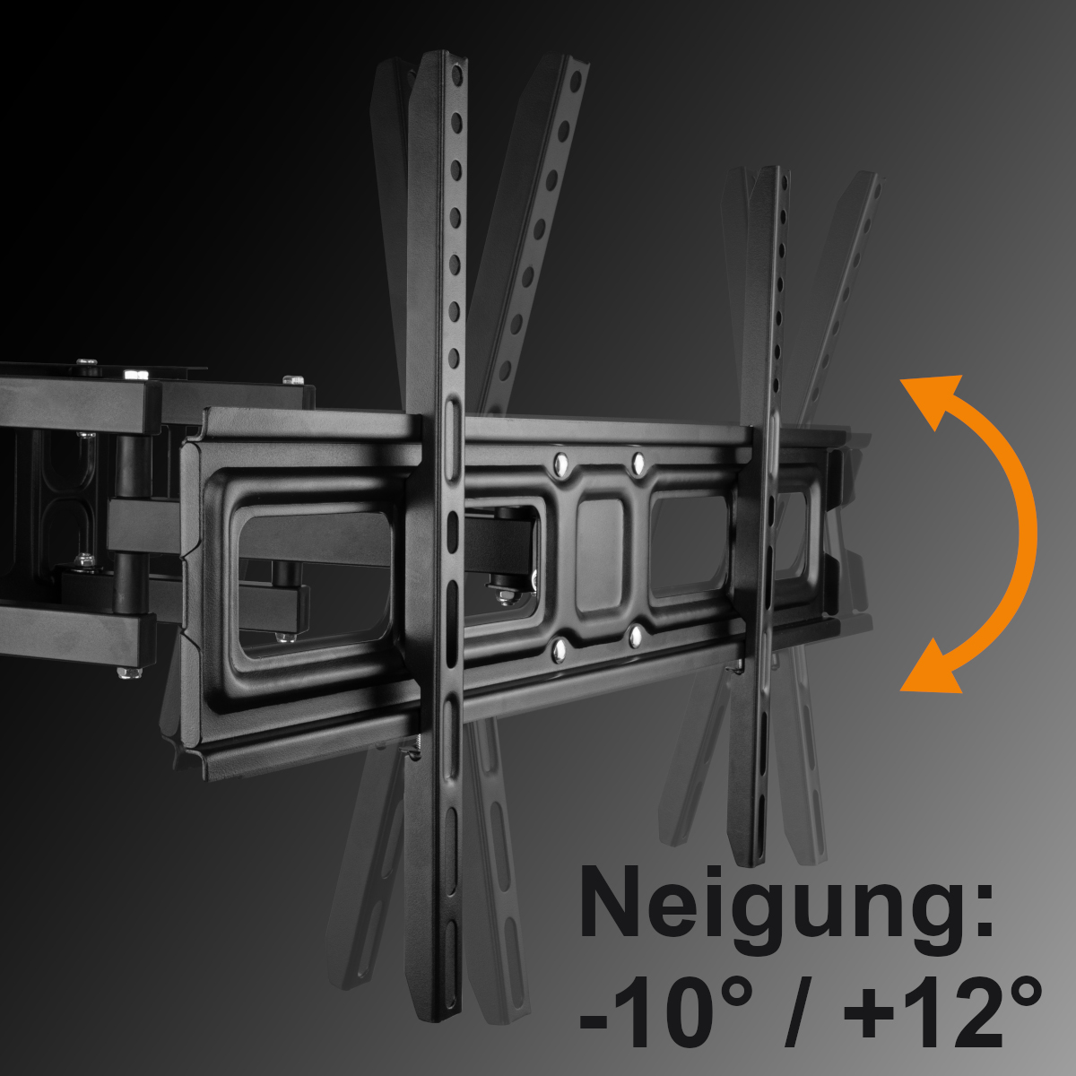 Schwarze, verstellbare TV-Halterung mit Neigungswinkelmarkierungen -10° / +12°.