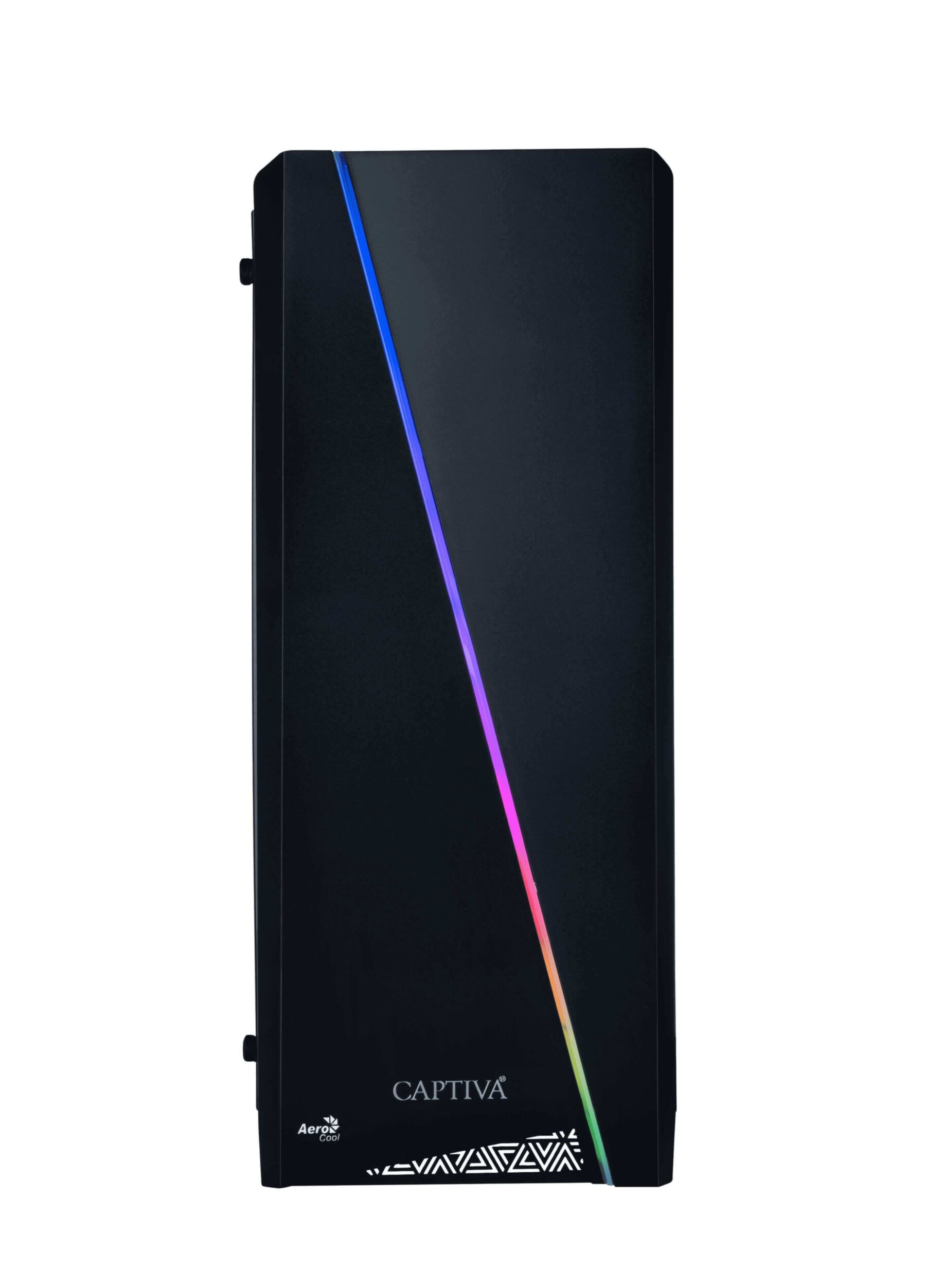 Ein schwarzes Computergehäuse mit einem farbenfrohen Lichtstreifen und dem Wort 'CAPTIVA'.