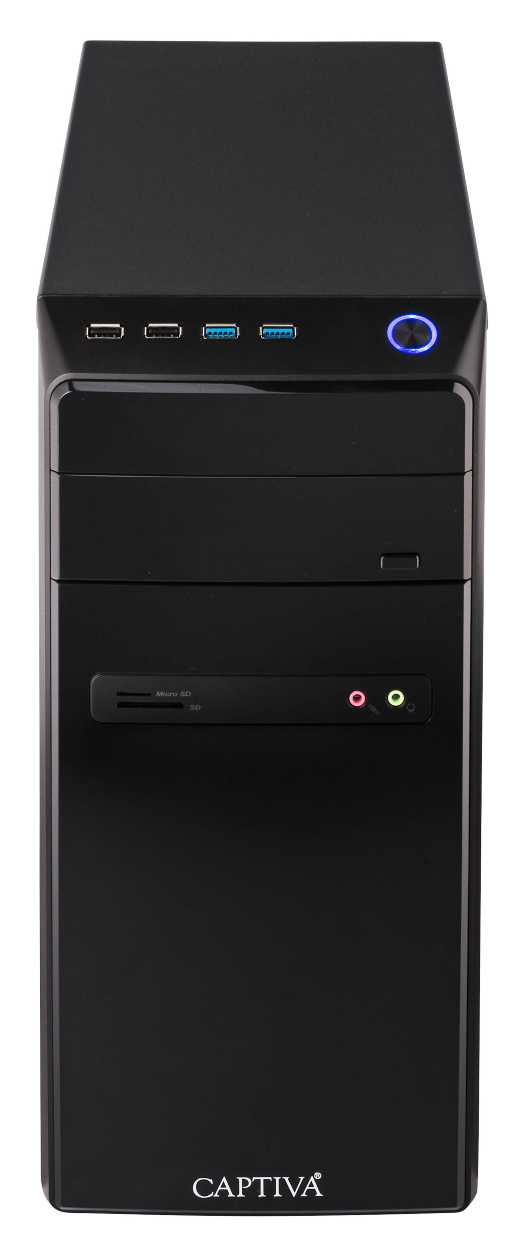 Torre de computadora negra con puertos USB y botón de encendido.