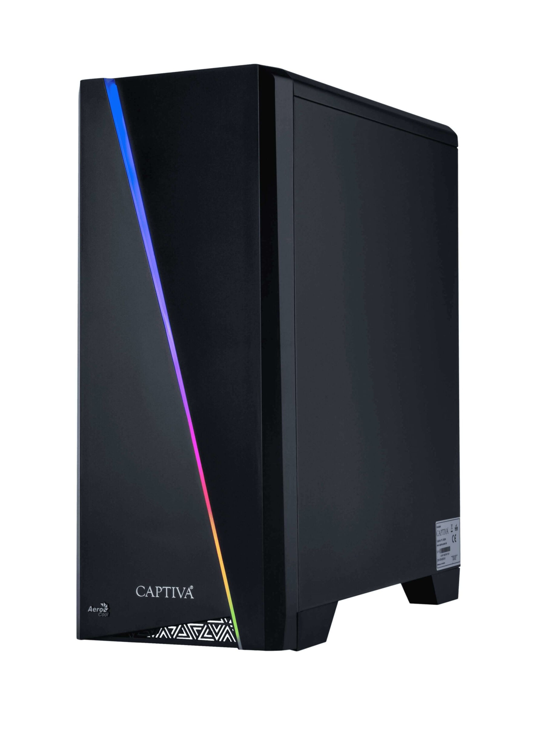 Schwarzes Computergehäuse mit farbigem LED-Streifen an der Seite.