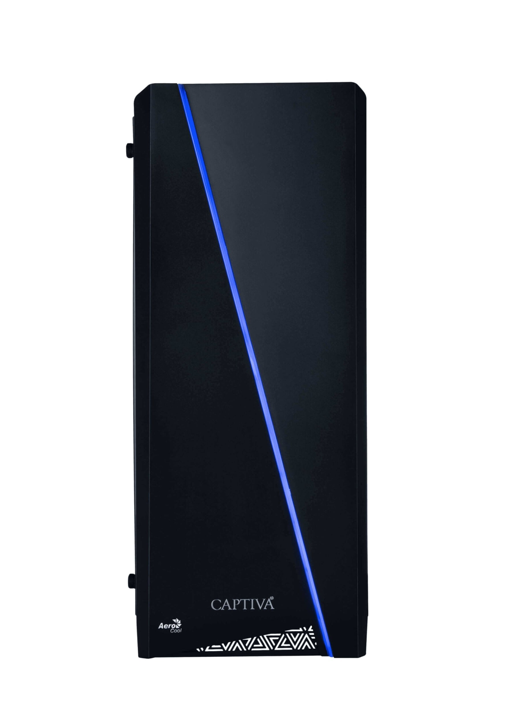 Schwarzes Computergehäuse mit blauem Lichtstreifen, 'CAPTIVA'-Logo und dekorativem Boden.
