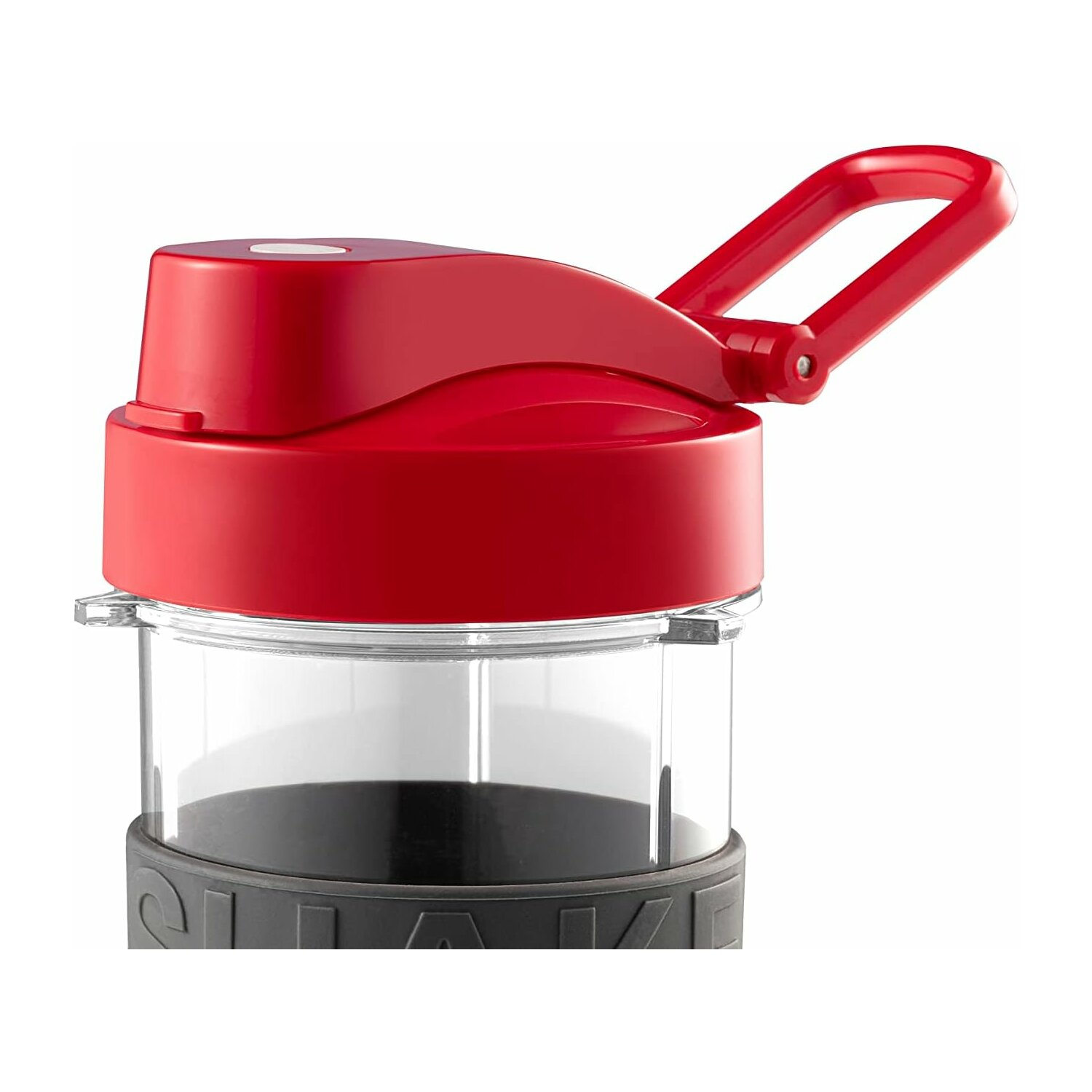 Roter und klarer Wasserflaschenverschluss mit Griff. Die Flasche hat einen schwarzen Boden mit Text.