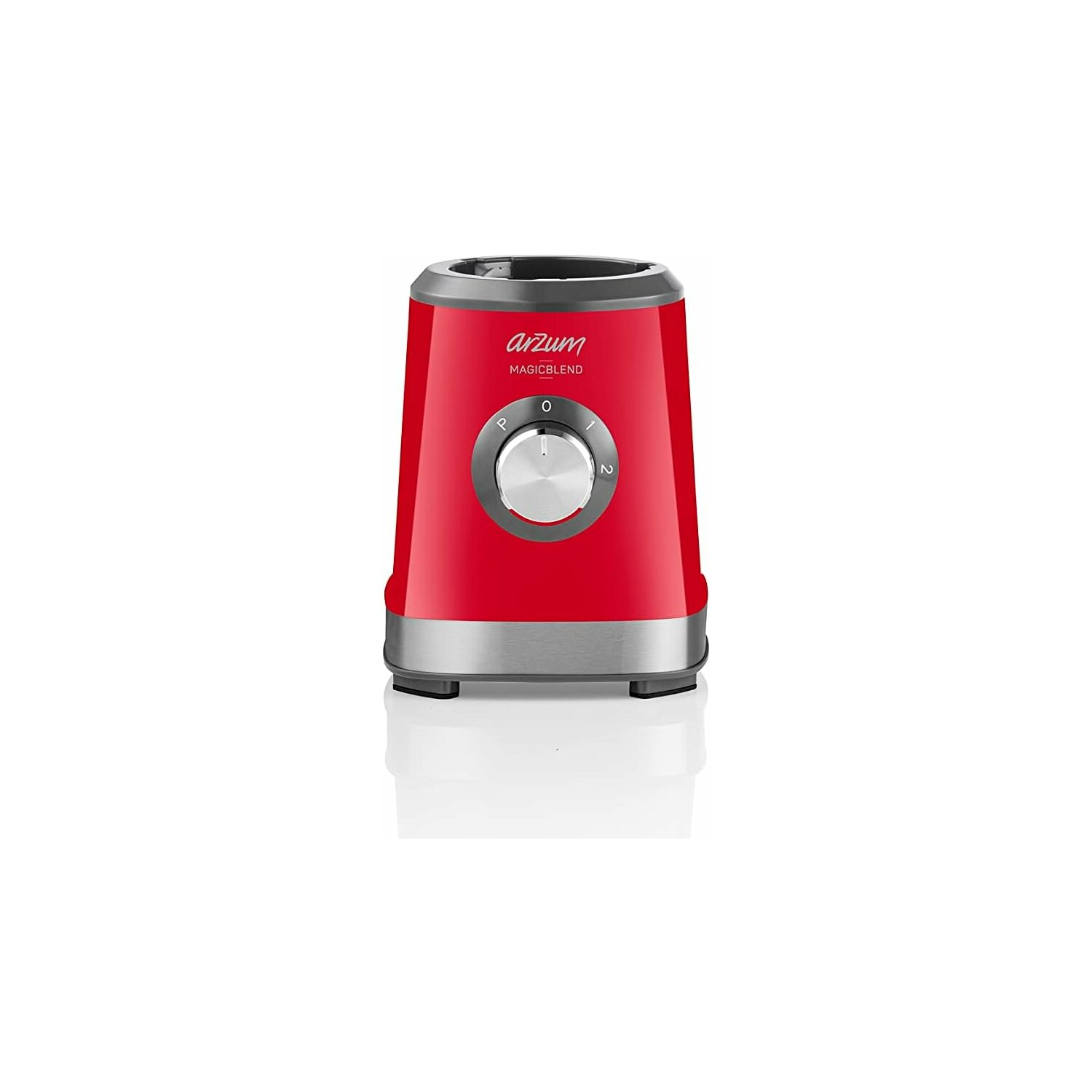 Roter Mixer mit Chromsockel, mit Drehknopf und 'MAGICBLEND'-Aufdruck.