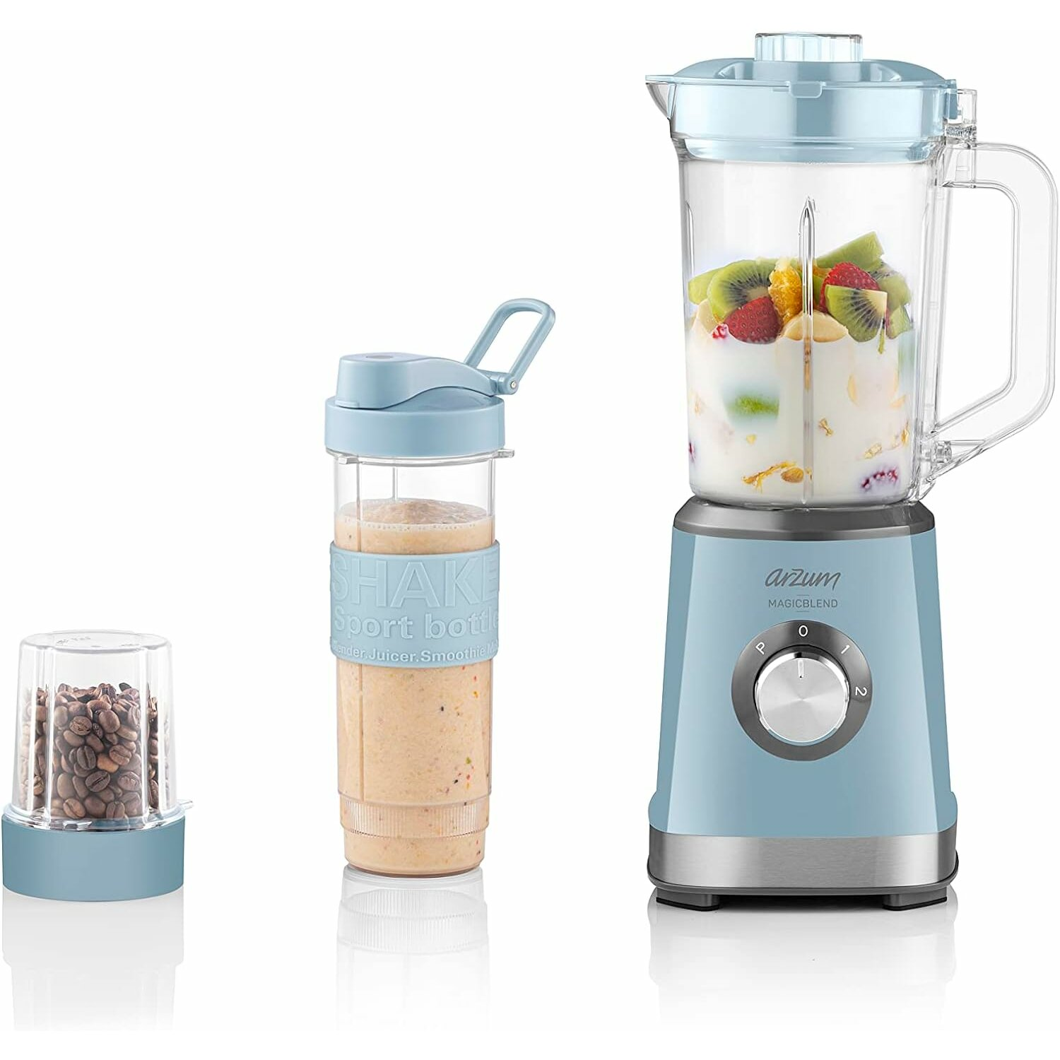 Ein blauer Mixer mit Smoothie und ein kleiner Behälter mit Kaffeebohnen. Kiwi, Beeren im Mixer.
