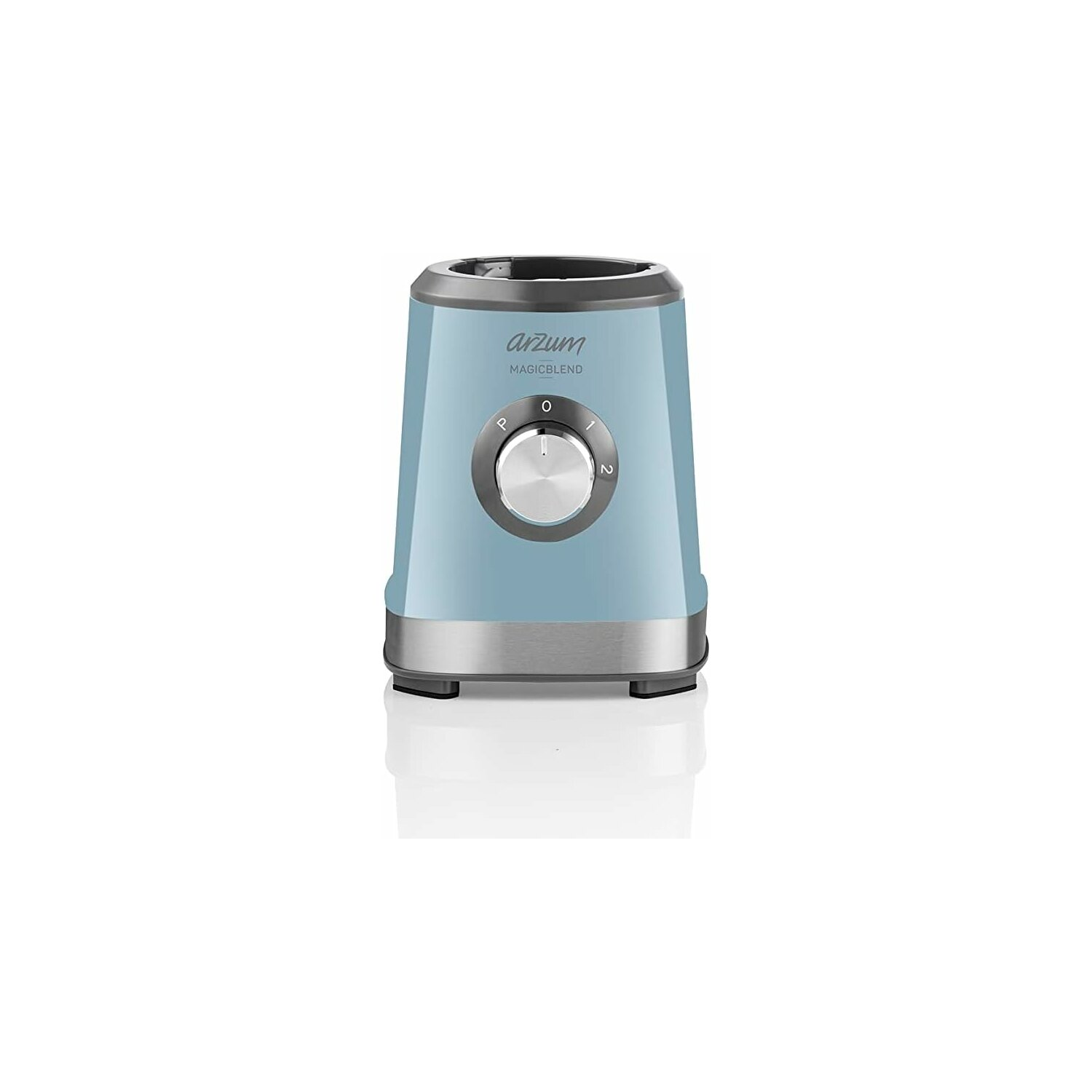 Blauer Mixer mit silbernem Sockel und Bedienrad.