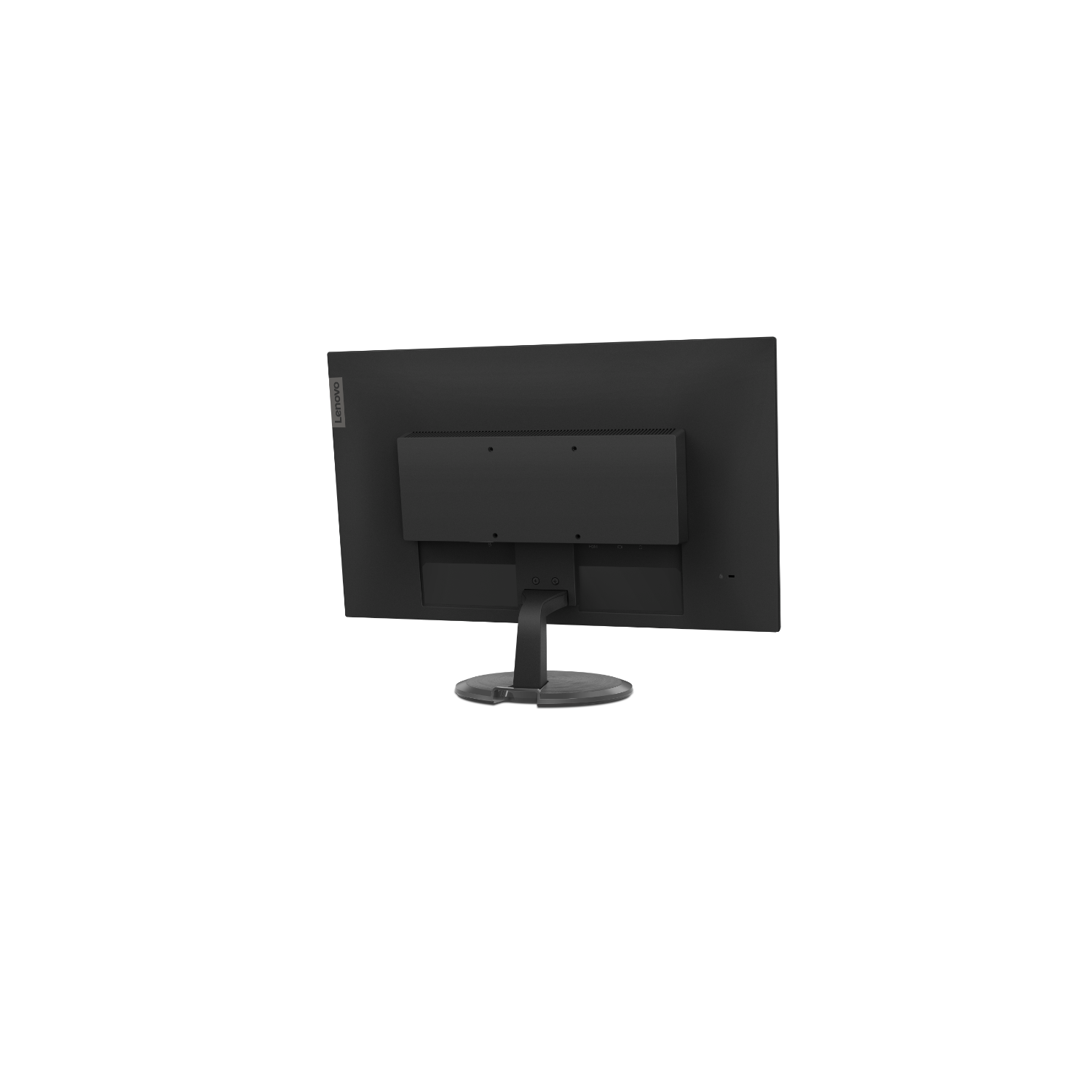 Retro di un monitor nero con supporto. Il logo Lenovo è visibile.