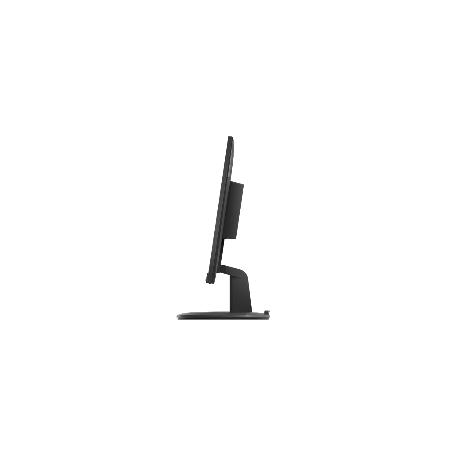 Vista laterale di un monitor per computer nero, con supporto nero, su sfondo nero.