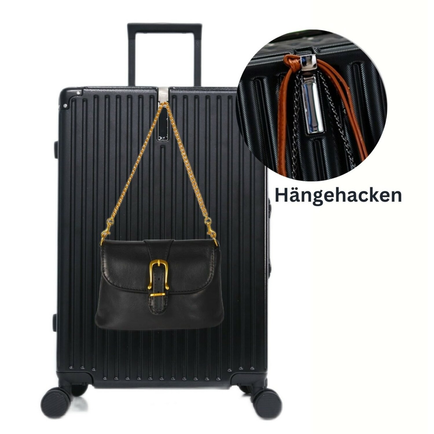 Schwarzer Koffer mit schwarzer Handtasche an goldener Kette. Nahaufnahme des Hakens.