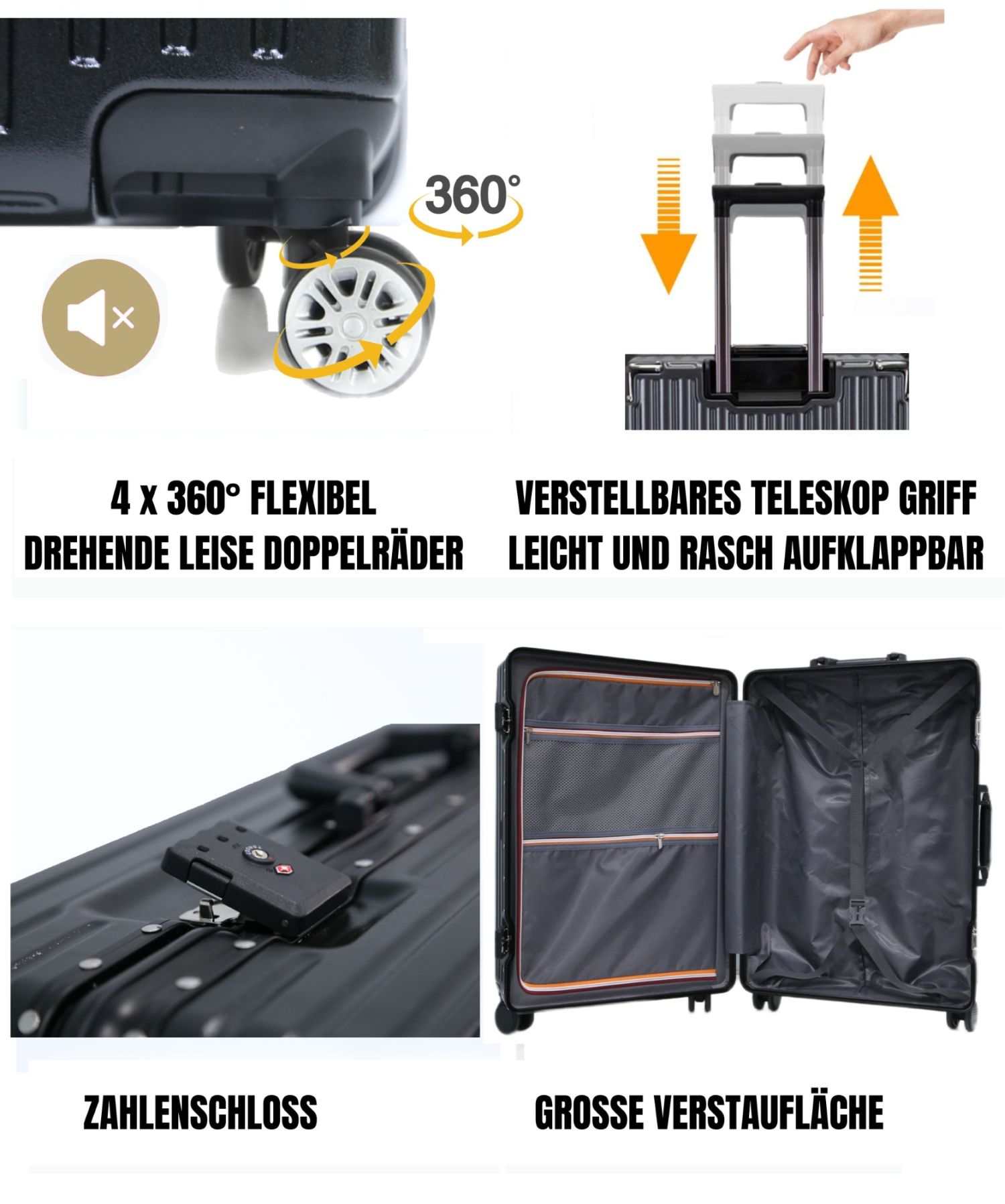 Ein schwarzer Koffer mit mehreren Merkmalen: Räder, Griff, Schloss und geräumiger Innenraum.