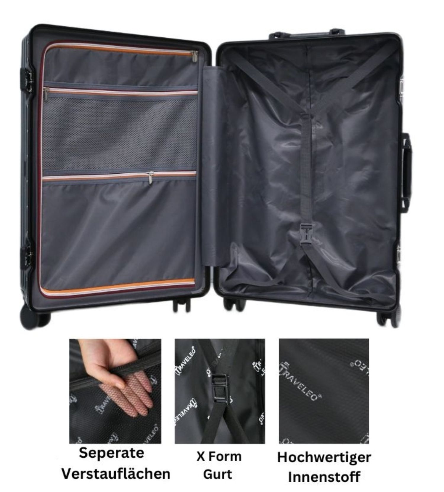 Offener Kofferinnenraum mit Organisatoren und Gurten. Verschiedene Fächer und Materialien sichtbar.
