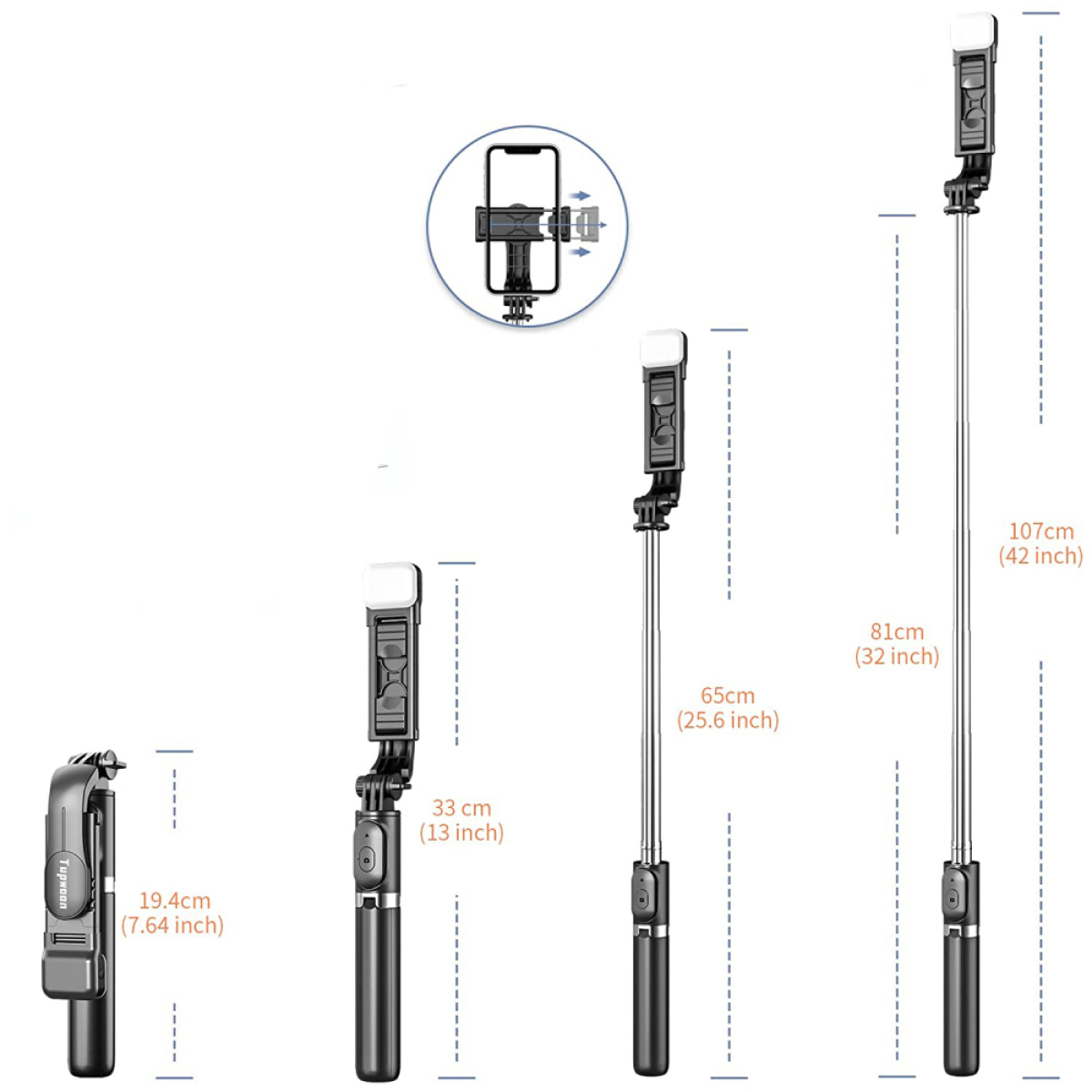 Selfie-Sticks in verschiedenen Längen, mit einem Telefon oben befestigt.