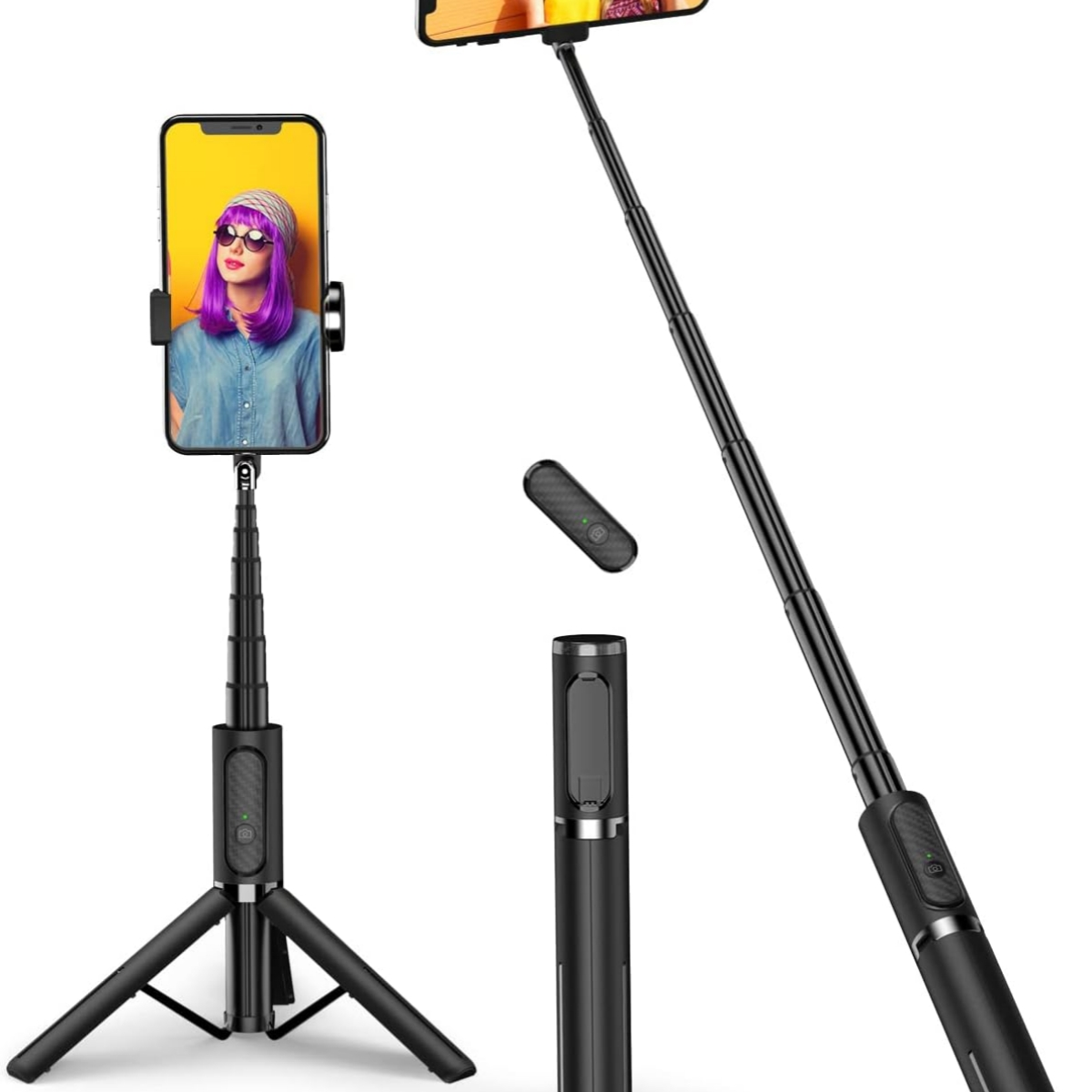 Schwarzer Selfie-Stick mit befestigtem Telefon, ausgefahren. Enthält eine separate Fernbedienung und einen gefalteten Sockel.