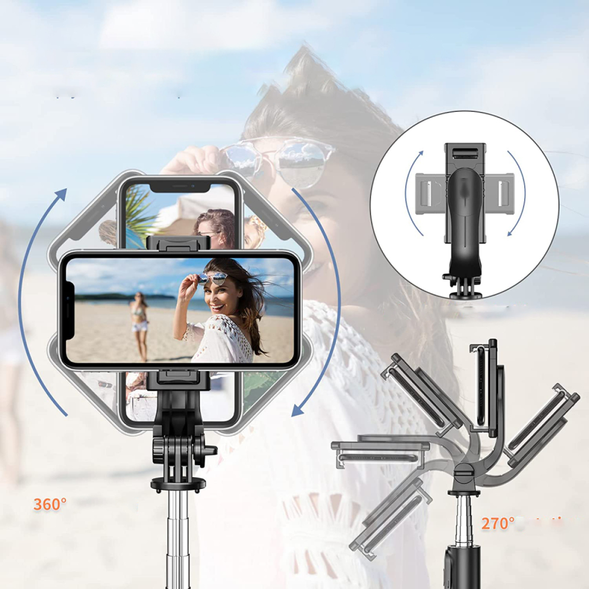 Frau, die einen Selfie-Stick mit Telefon hält. Strandhintergrund und Diagramme der Stickbewegung.