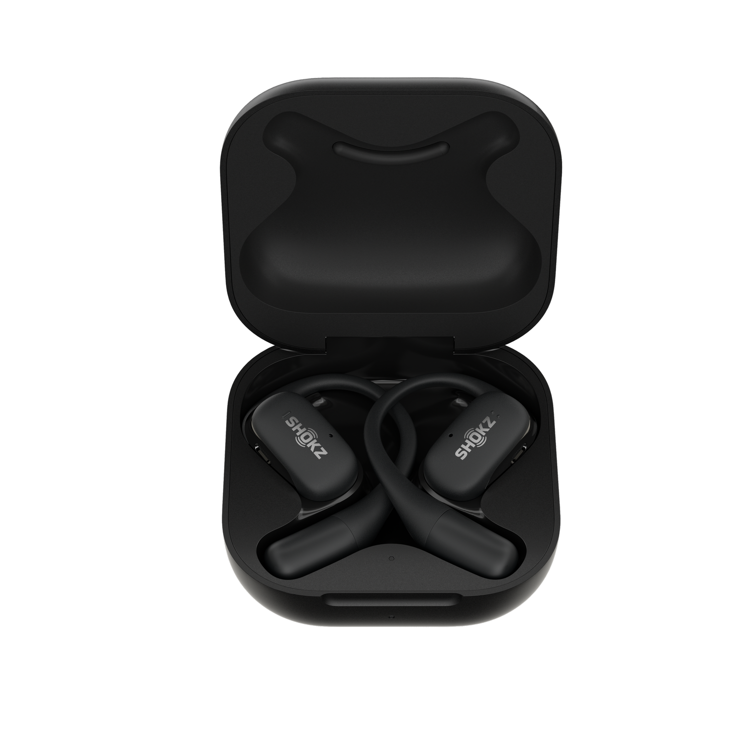 Black Shokz headphones in a black case. The headphones are open for display.