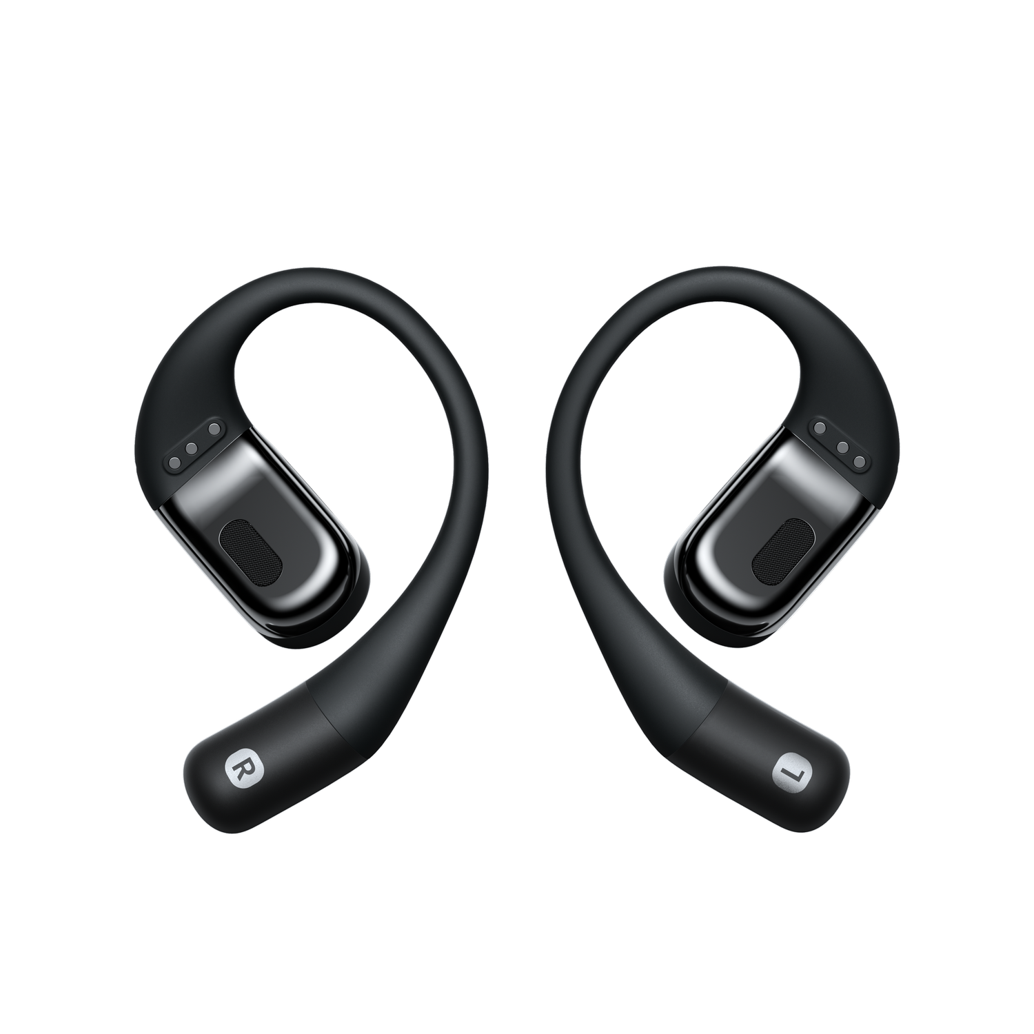 Black wireless sport earbuds with the letters 'R' and 'L' on them.