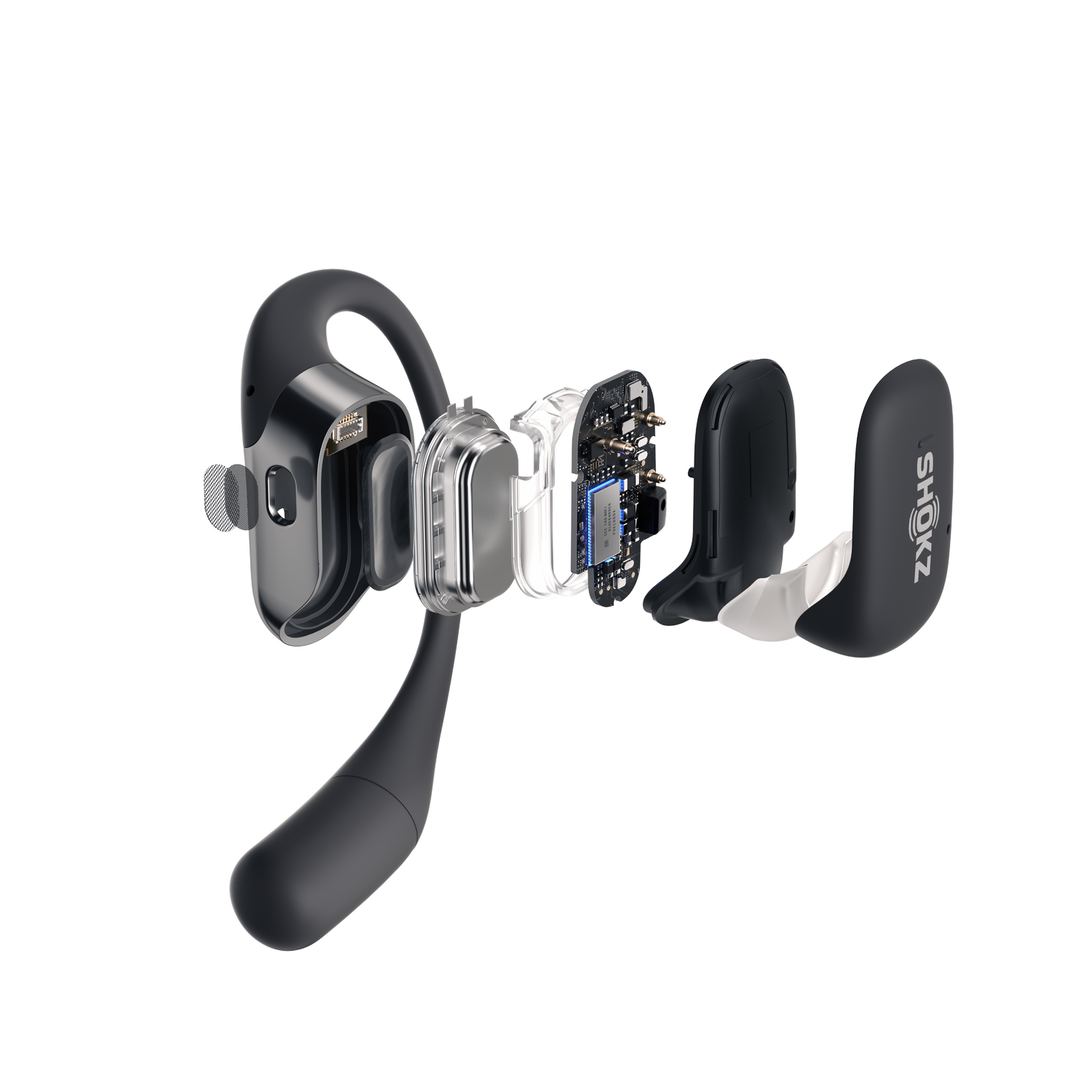 An exploded view of a black and gray bone conduction headset, showing internal components.