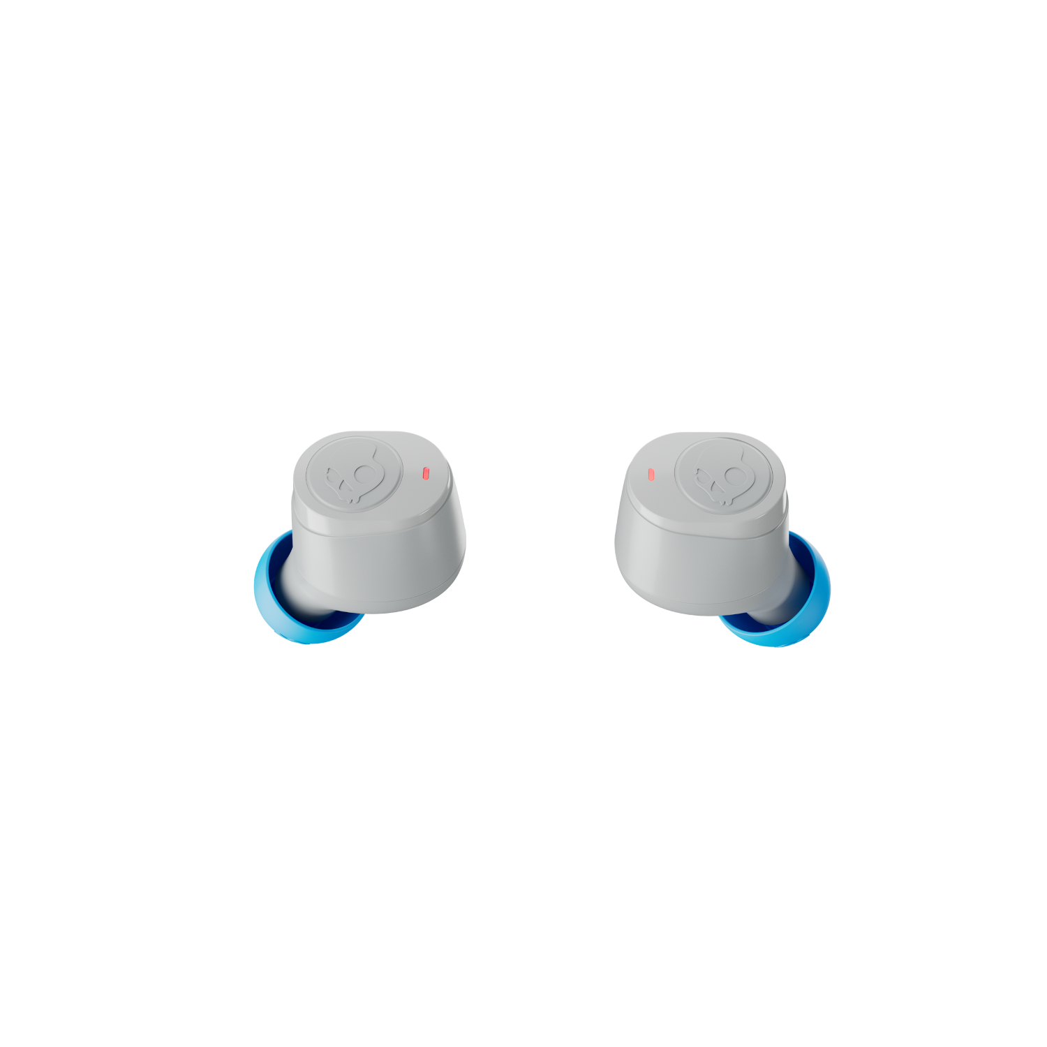 Graue und blaue Skullcandy-Ohrhörer auf schwarzem Hintergrund.