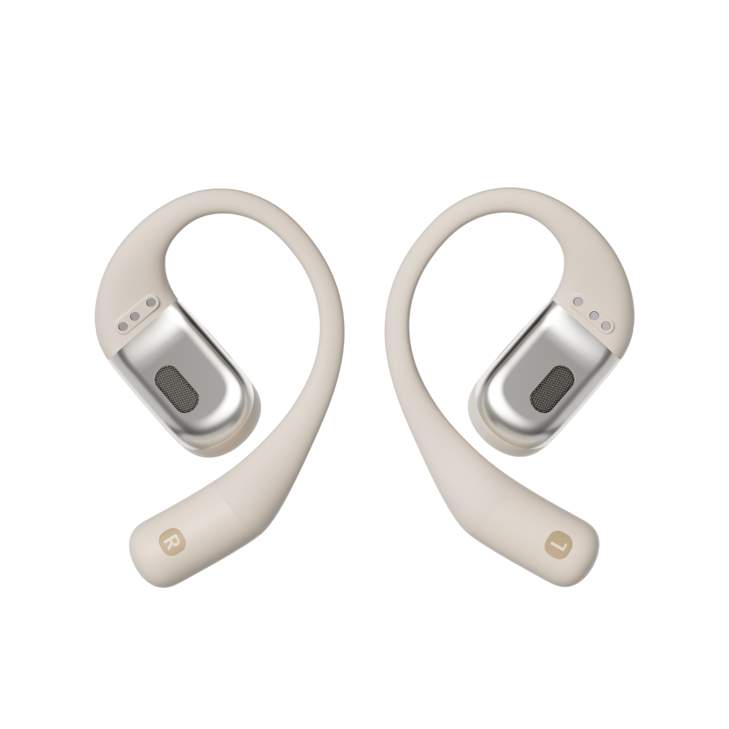Dwa kremowe słuchawki w stylu nauszników z literami 'R' i 'L' na każdym słuchawce.