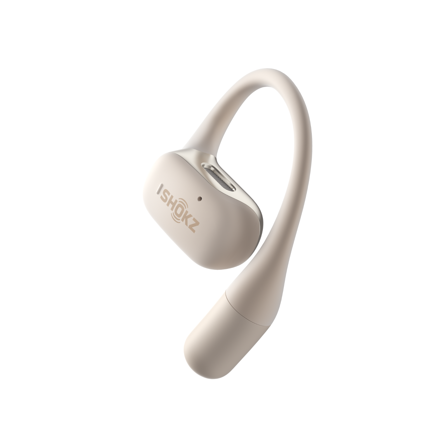 Beżowe słuchawki kostne na czarnym tle. Marka to iSHOKZ.