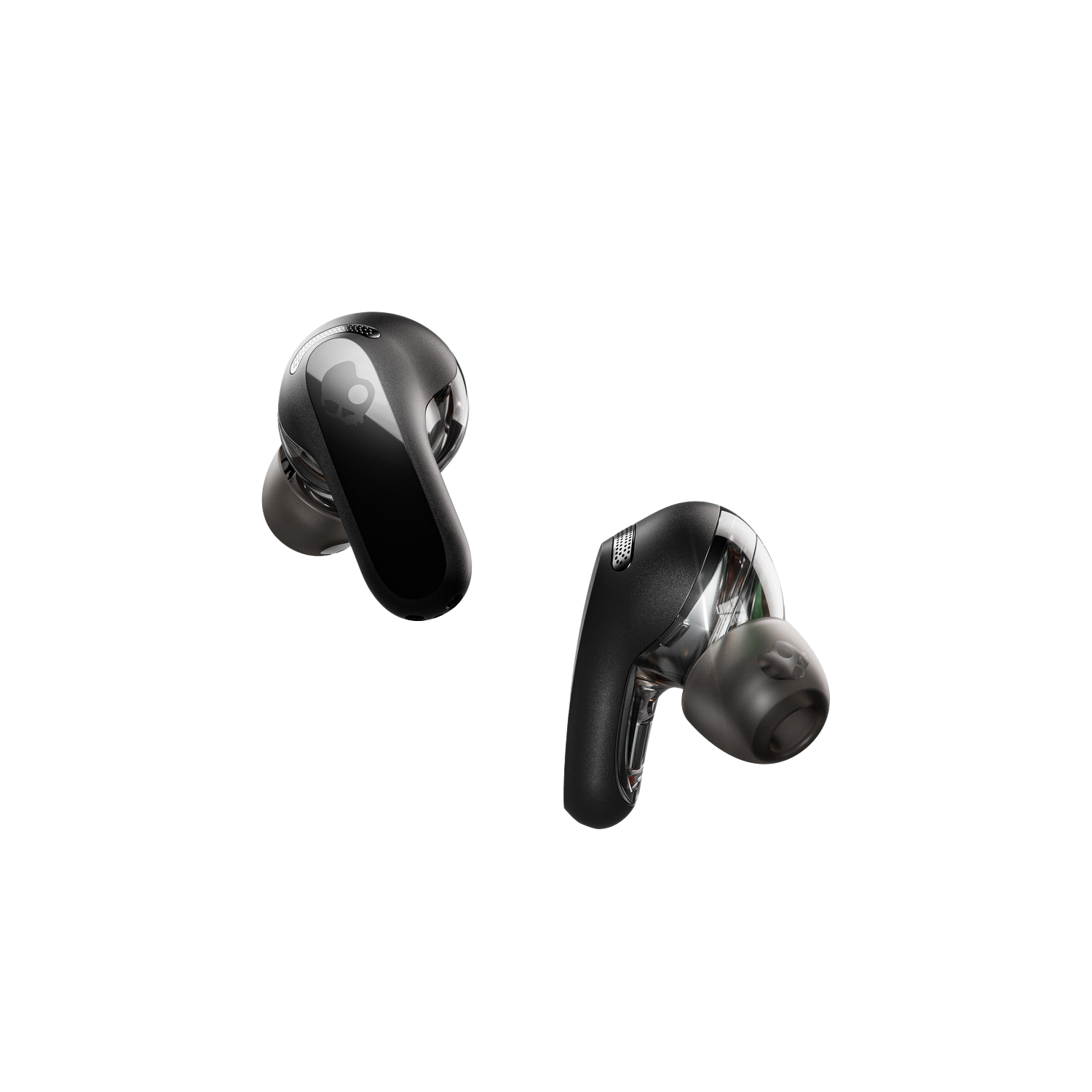 Dwa czarne słuchawki Skullcandy na czarnym tle. Wyglądają na błyszczące i nowe.