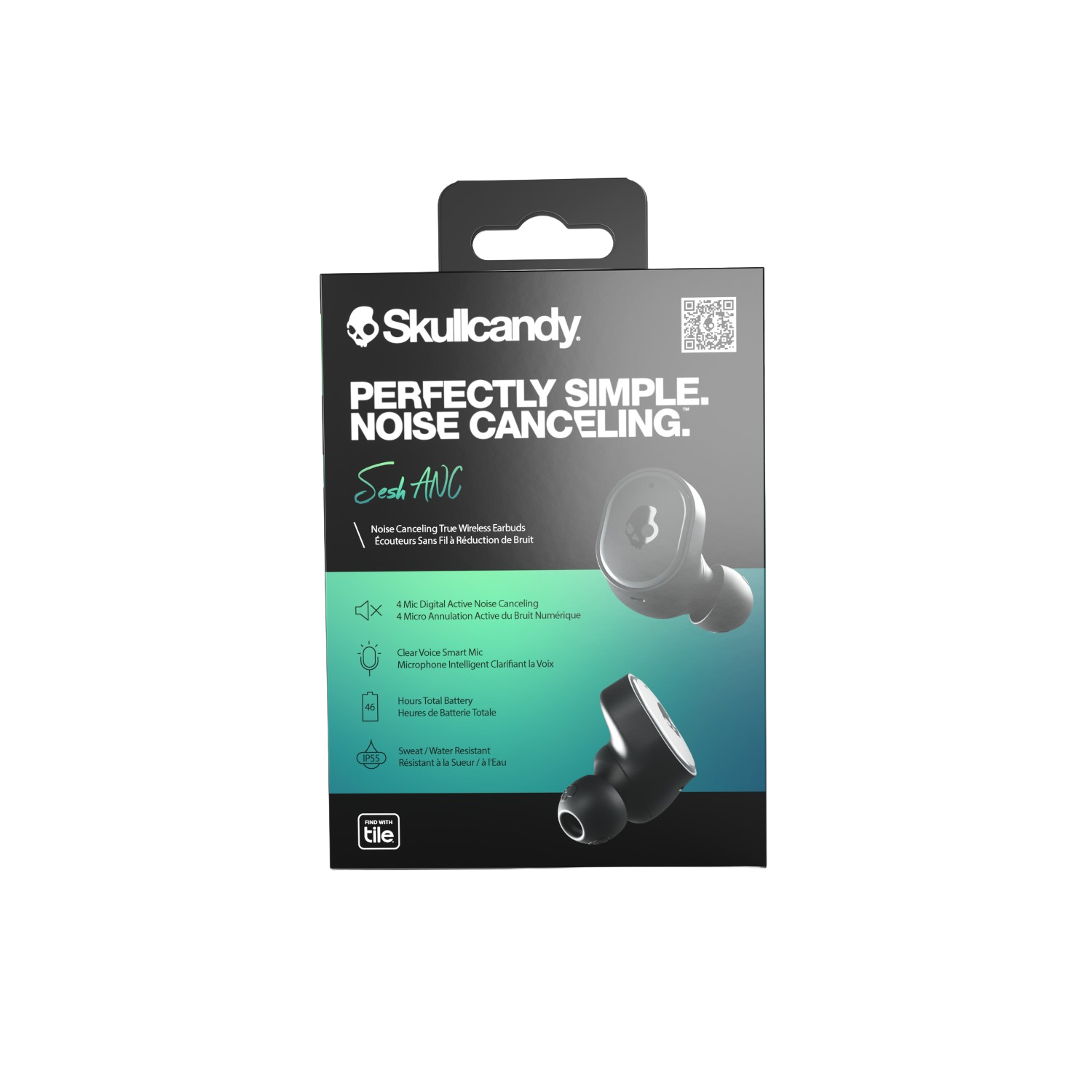 Schwarze Skullcandy Kopfhörer mit Geräuschunterdrückung in schwarzer Box.