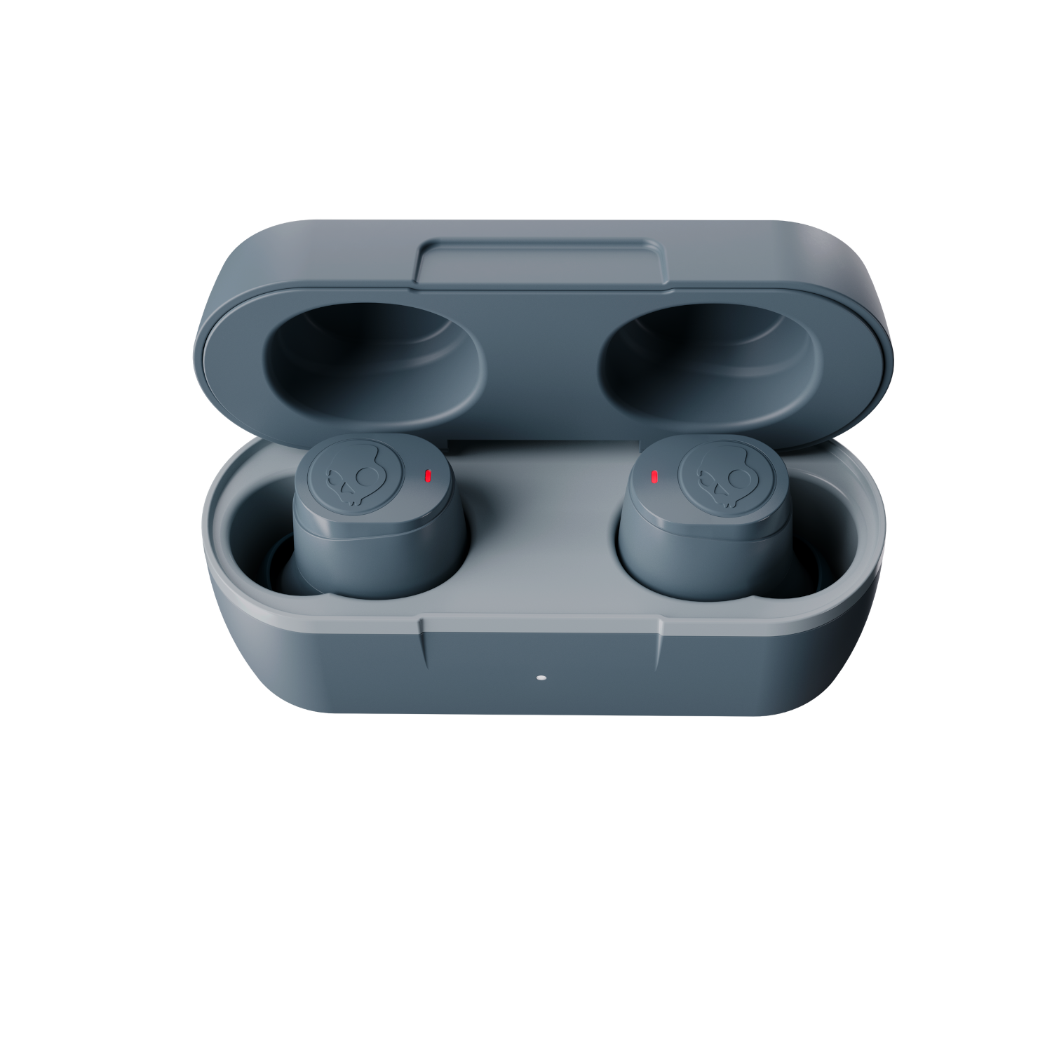 Grey Skullcandy earbuds in an open charging case, with red indicator lights.