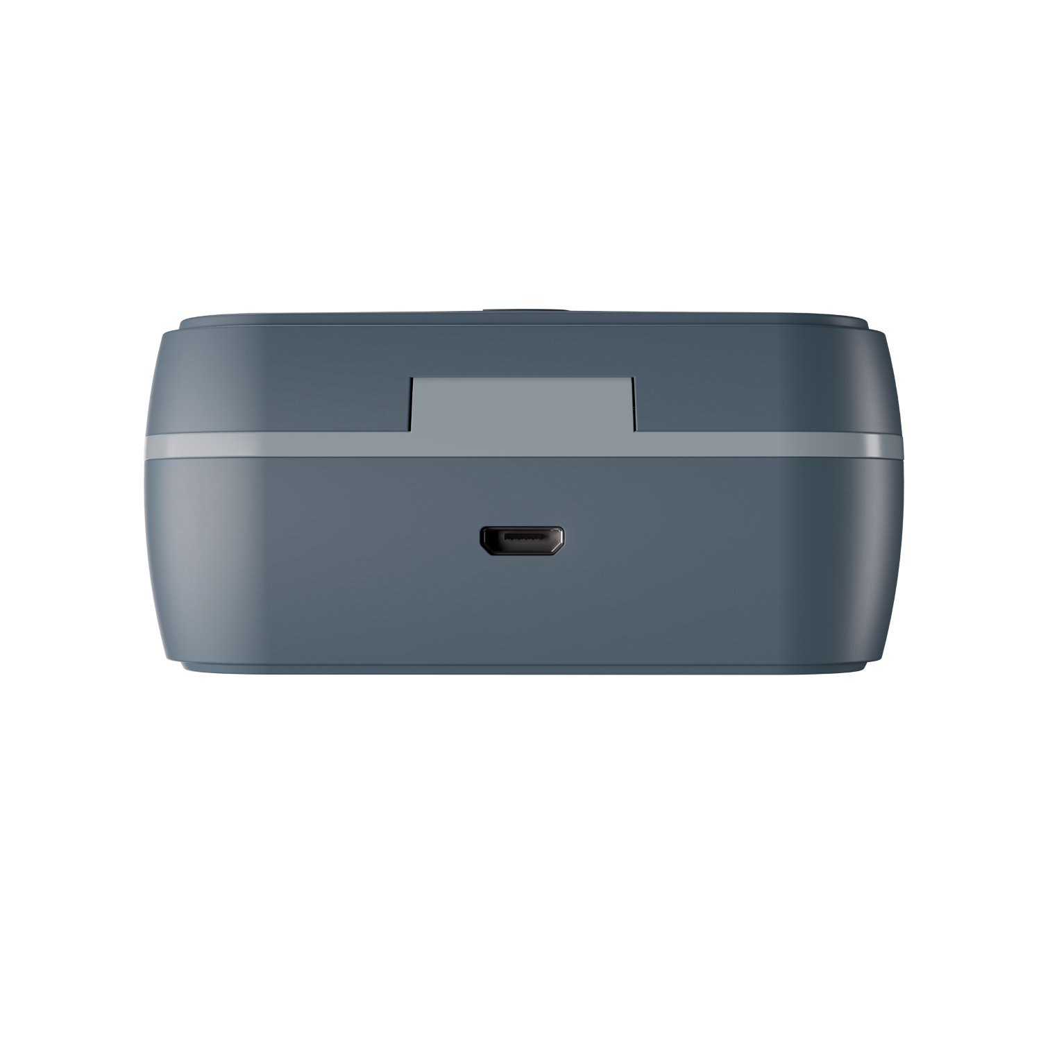 Blue charging case with a USB-C port. The case is closed with a smooth, minimalist design.