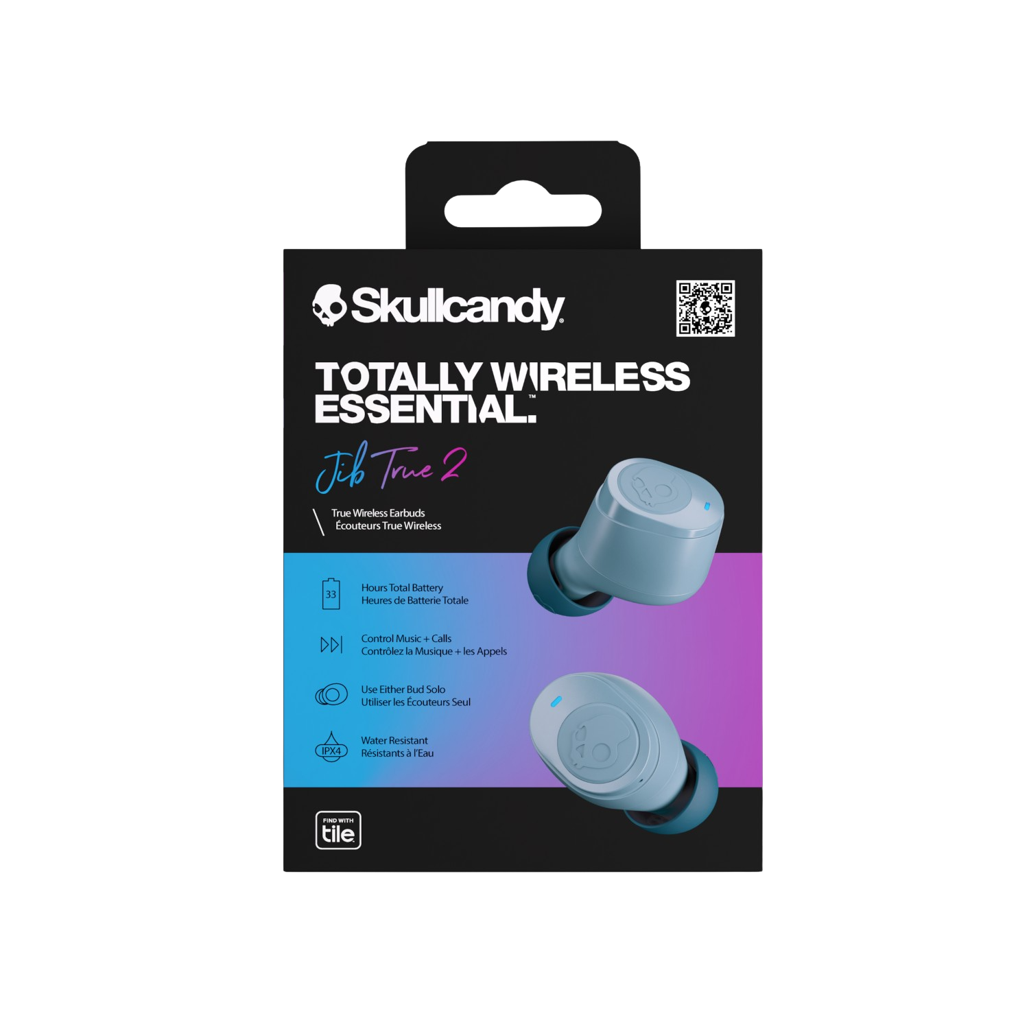 Earbuds in a case. The box shows the earbuds and features. Black background.