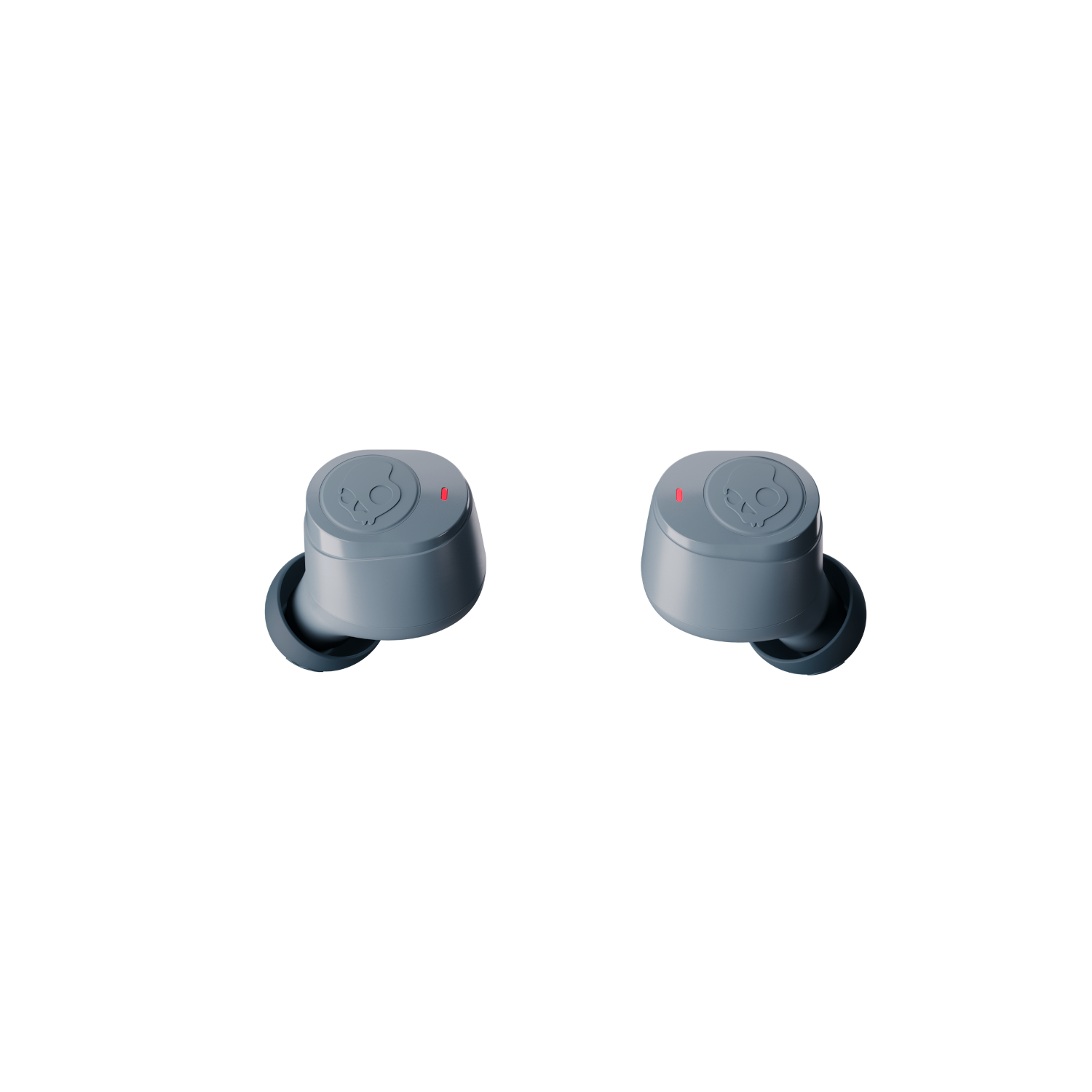 Two gray Skullcandy earbuds with red lights on the side, against a black background.