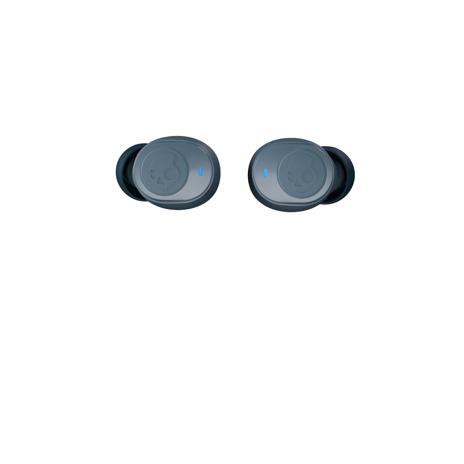 Two gray wireless earbuds, each with a skull logo, on a black background. The earbuds have blue lights.