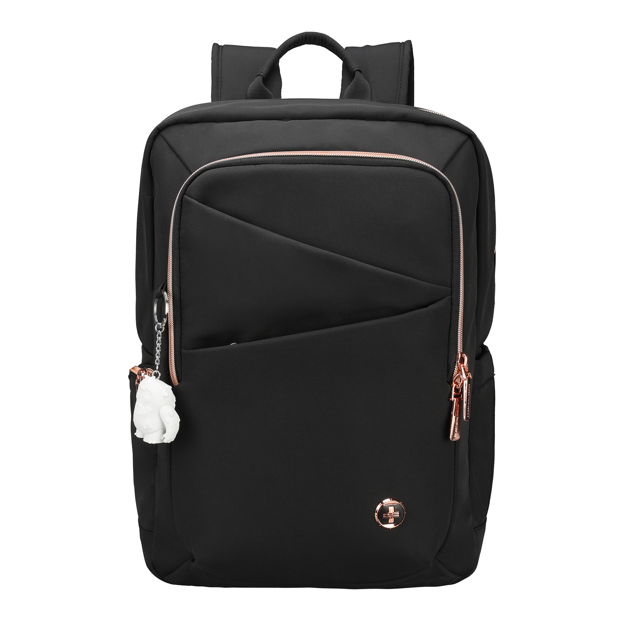 Zaino nero con cerniere e ciondolo color oro rosa. Sfondo bianco, vista frontale. Logo della croce svizzera.