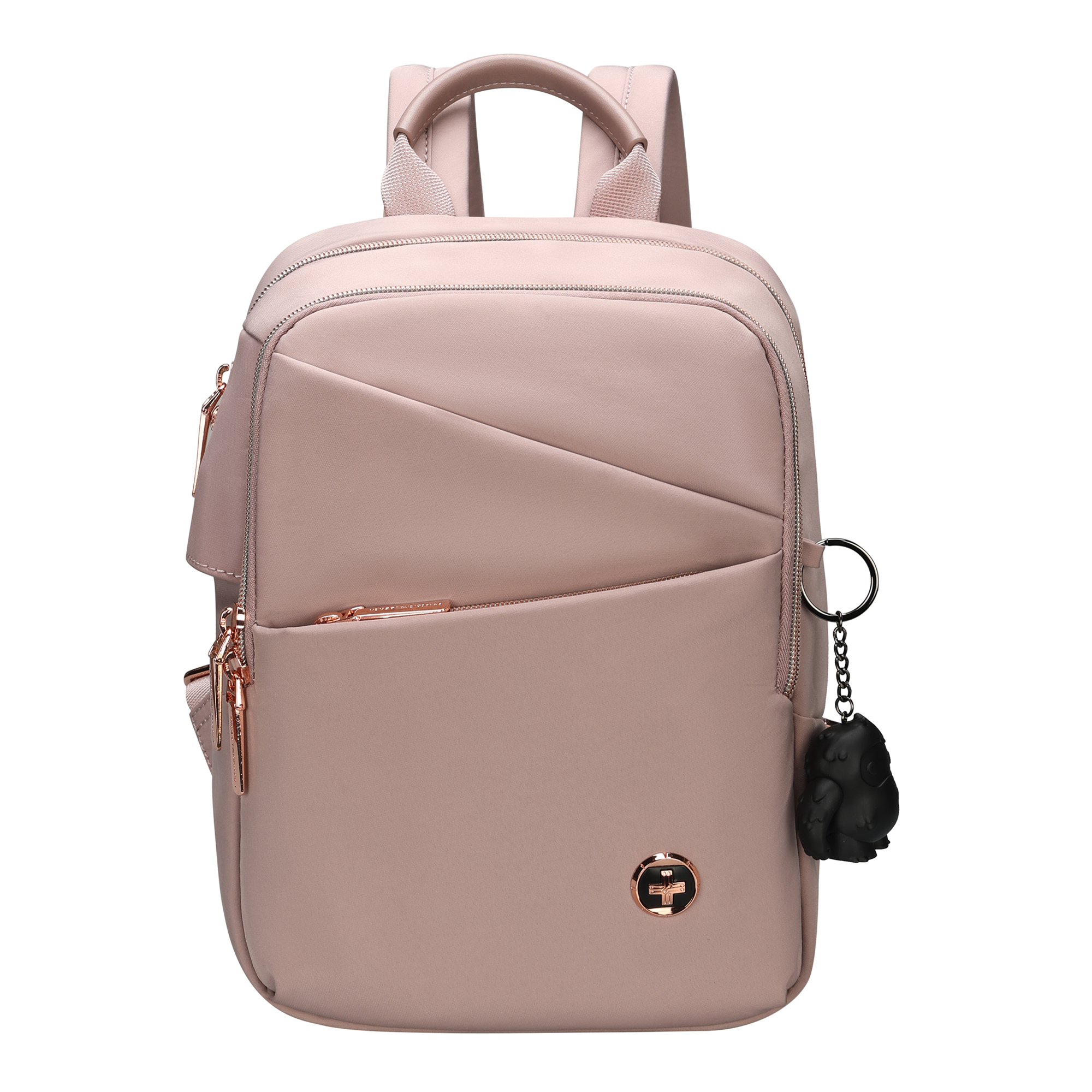 Zaino rosa con cerniere oro rosa e un ciondolo nero.