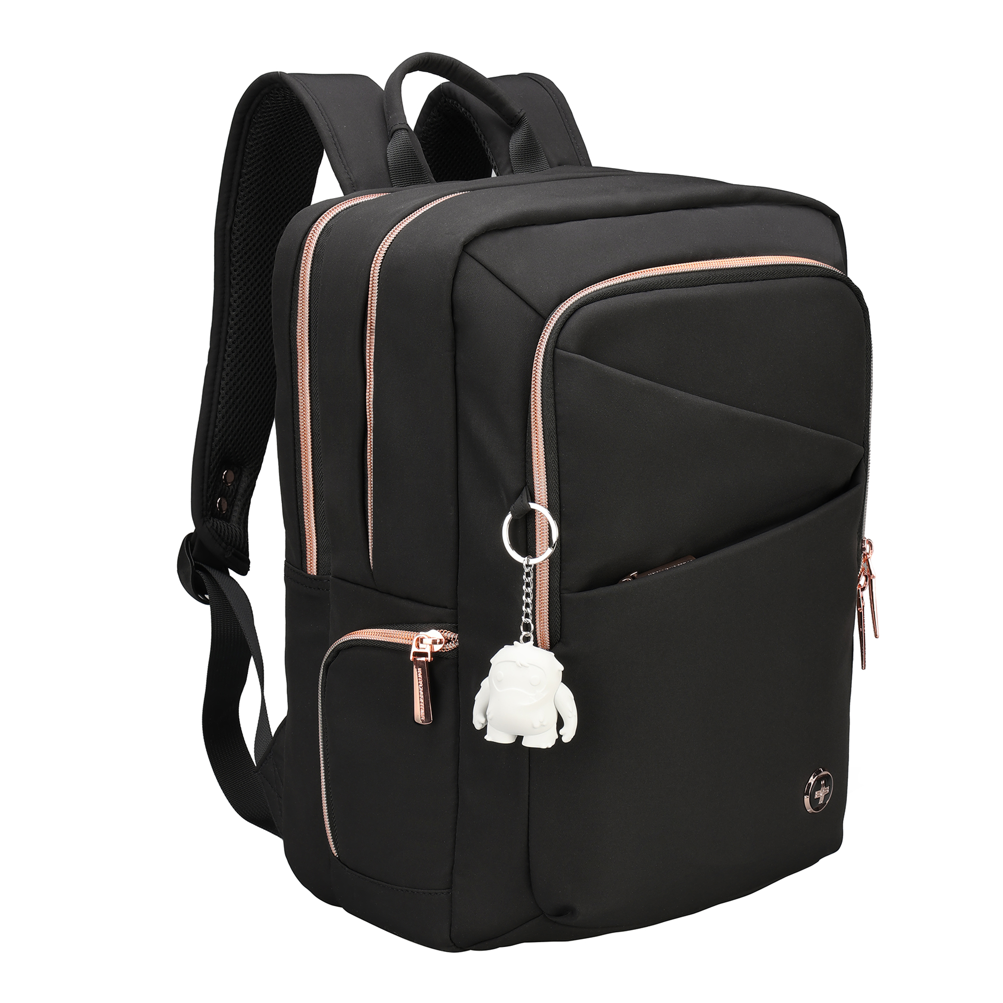 Zaino nero con cerniere oro rosa e un piccolo portachiavi bianco.
