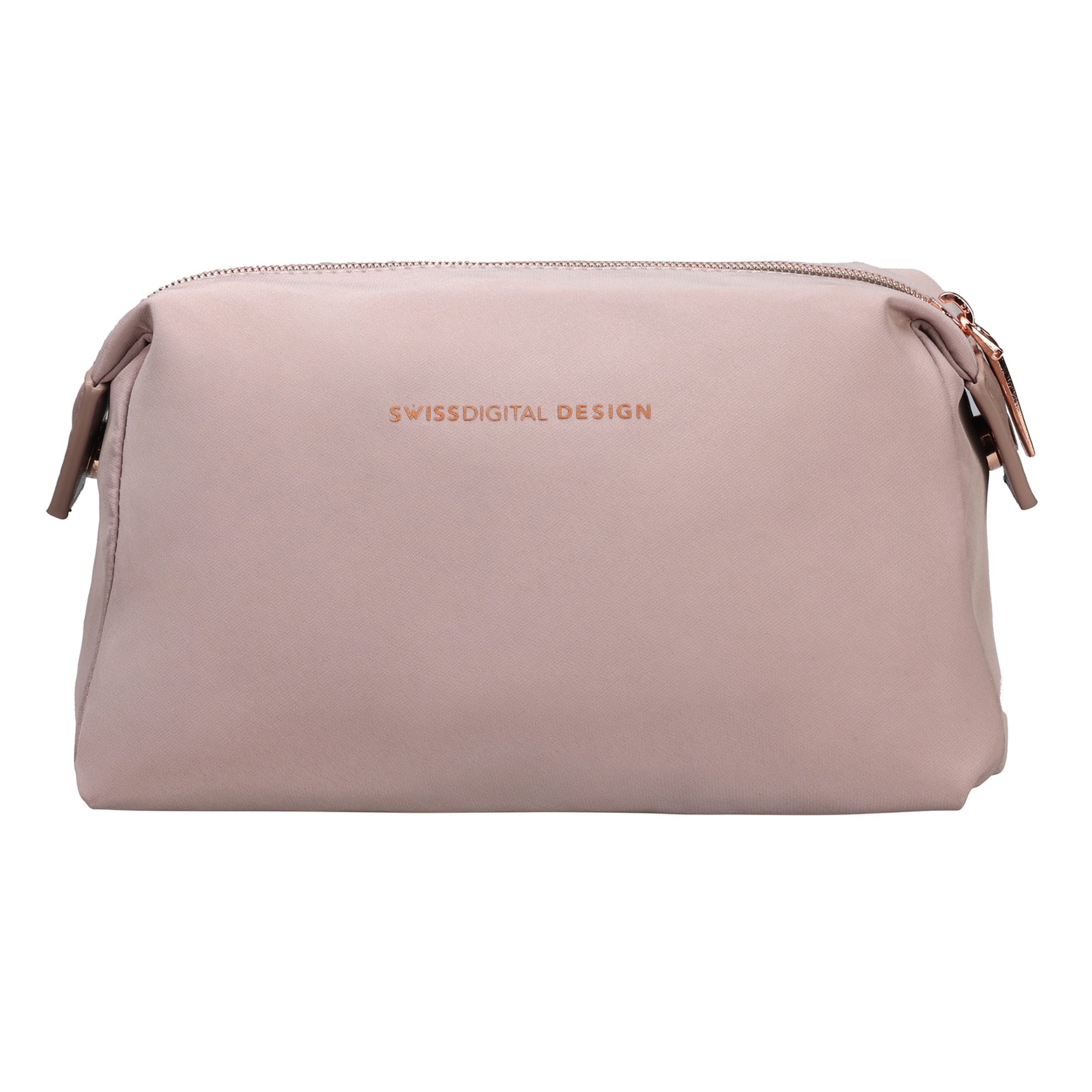 Un beauty case rosa con cerniera. Il testo "SWISSDIGITAL DESIGN" è stampato sulla borsa.