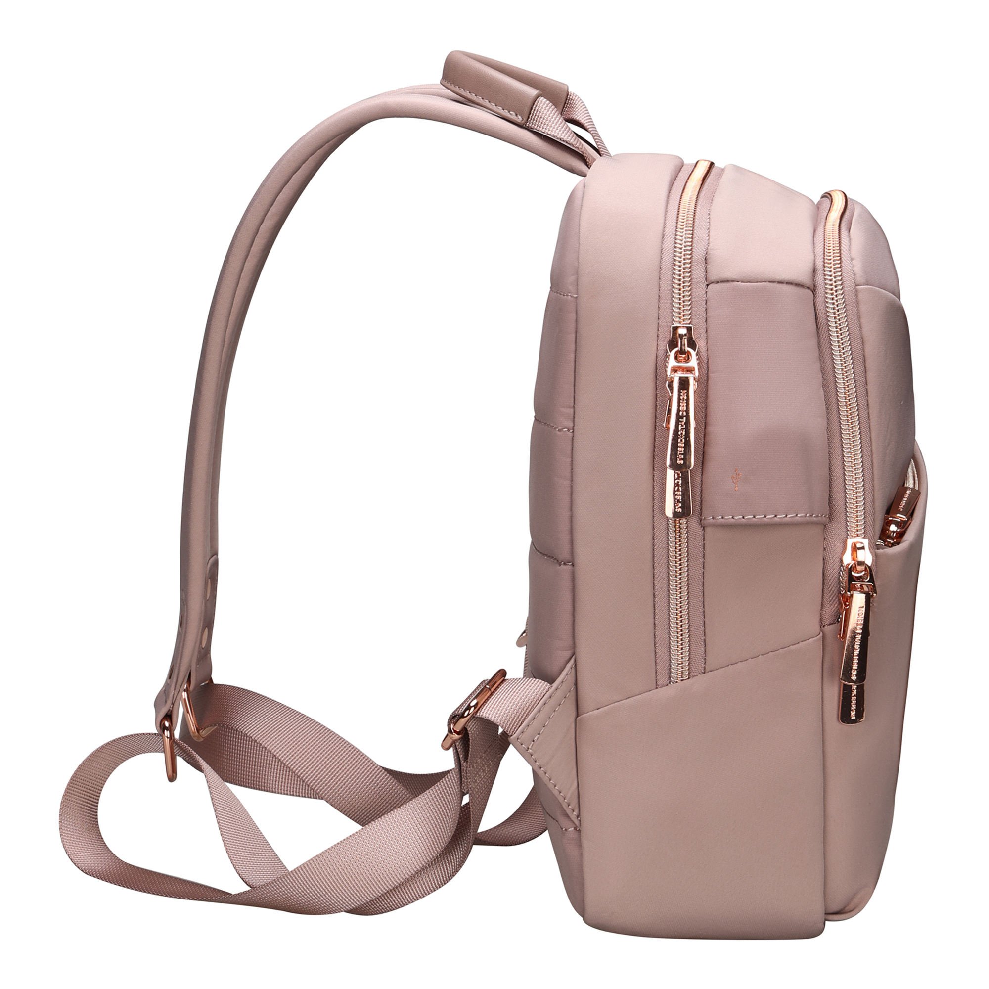 Uno zaino rosa con cerniere dorate e una maniglia.