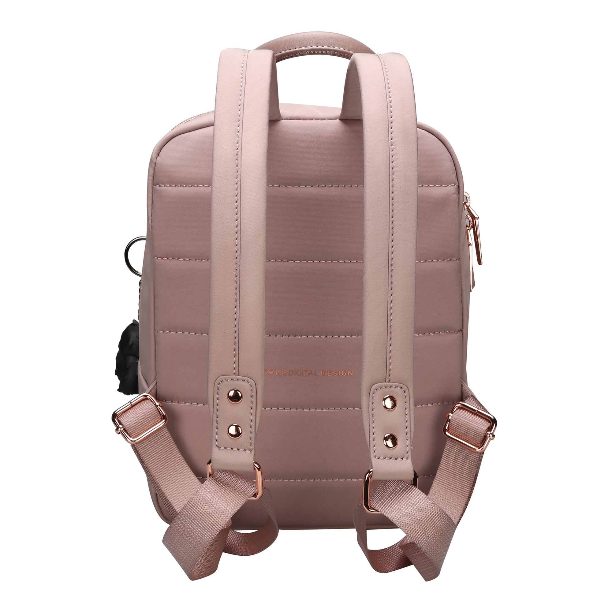Zaino rosa con due spallacci, una maniglia superiore e dettagli color oro. Testo: 'SWISS DIGITAL DESIGN'.
