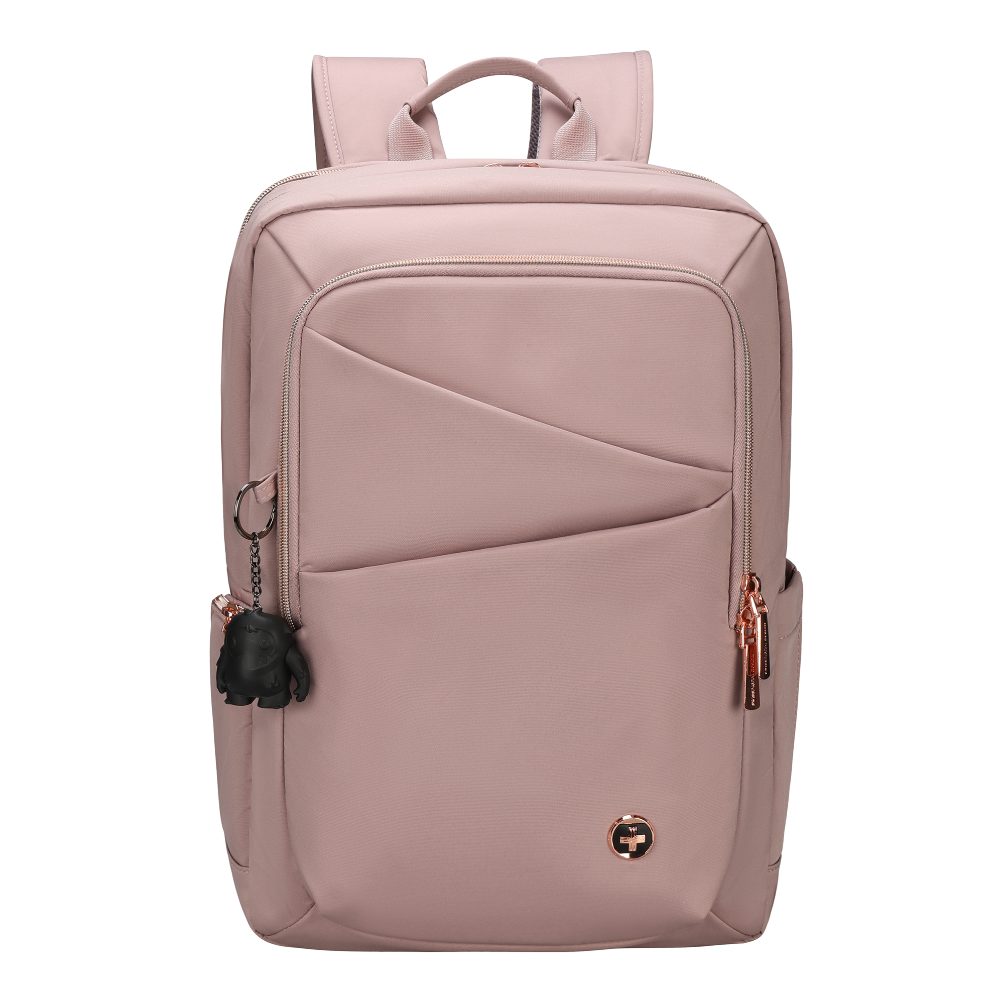 Zaino rosa con ciondolo nero. Ha una tasca frontale e cerniere color oro rosa.