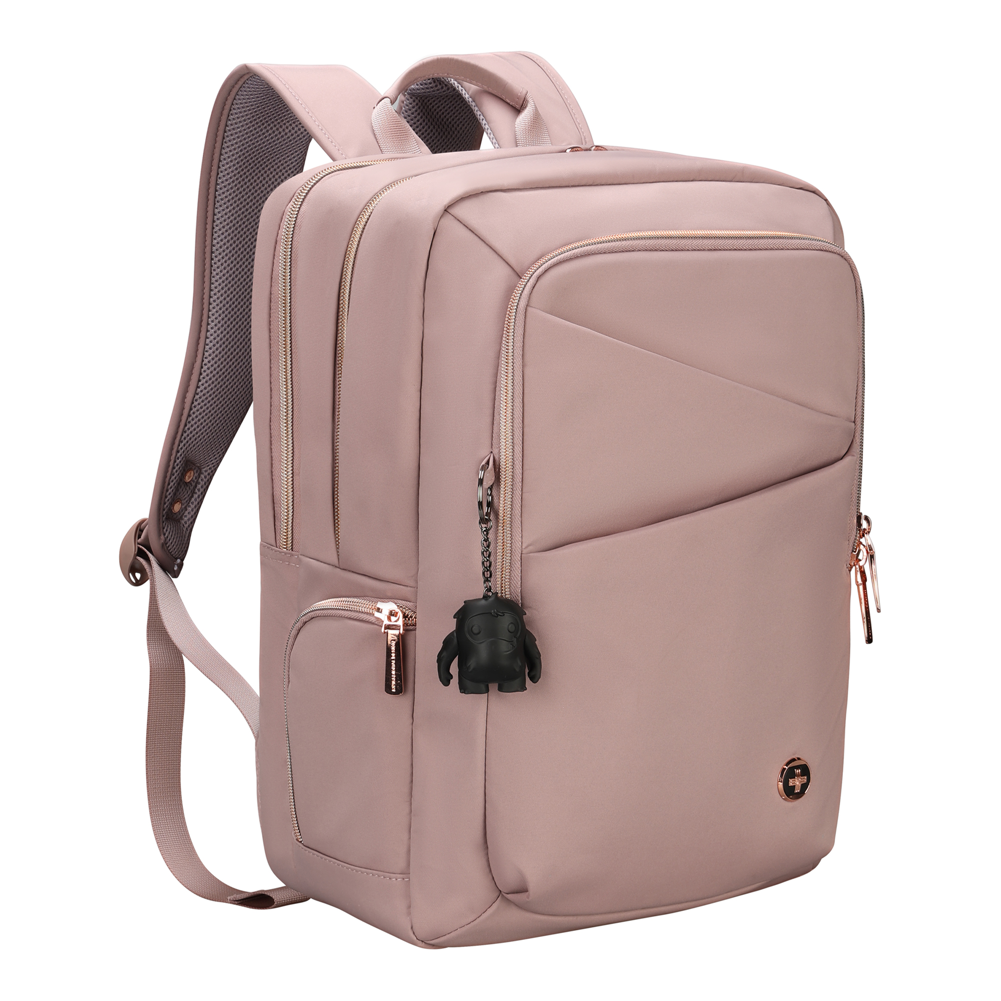 Zaino rosa con cerniere e un piccolo ciondolo nero. Sfondo bianco.