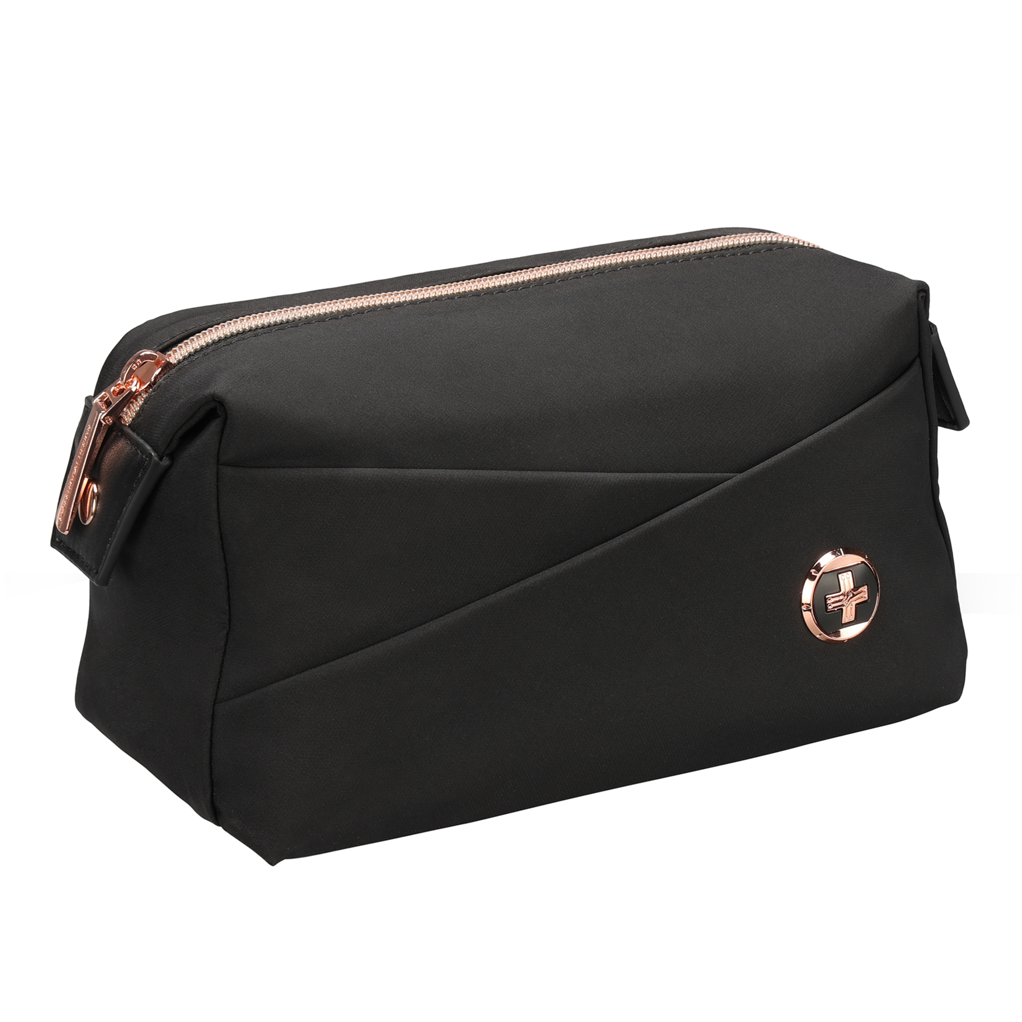 Borsa cosmetica nera con cerniera e logo color oro rosa.
