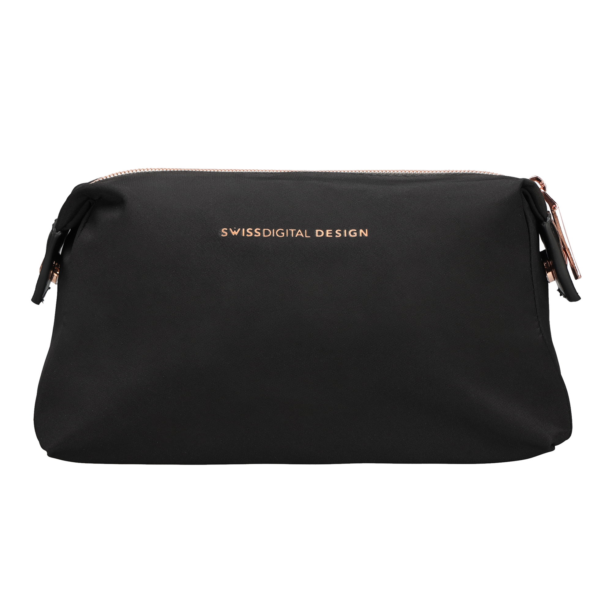 Borsa cosmetica nera con cerniera oro rosa e logo su sfondo bianco.