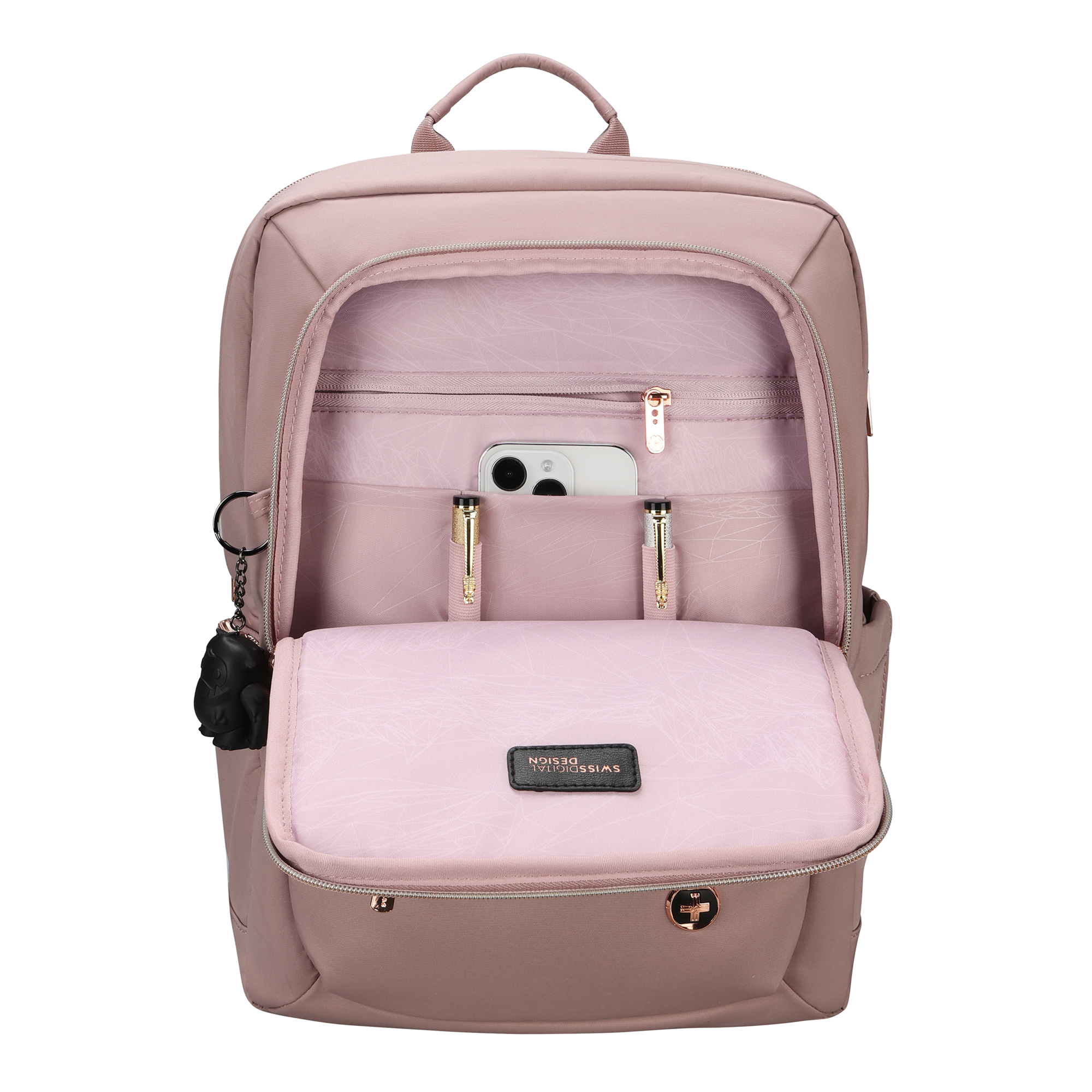 Uno zaino rosa con scomparti aperti. Contiene un telefono, penne e un portachiavi.