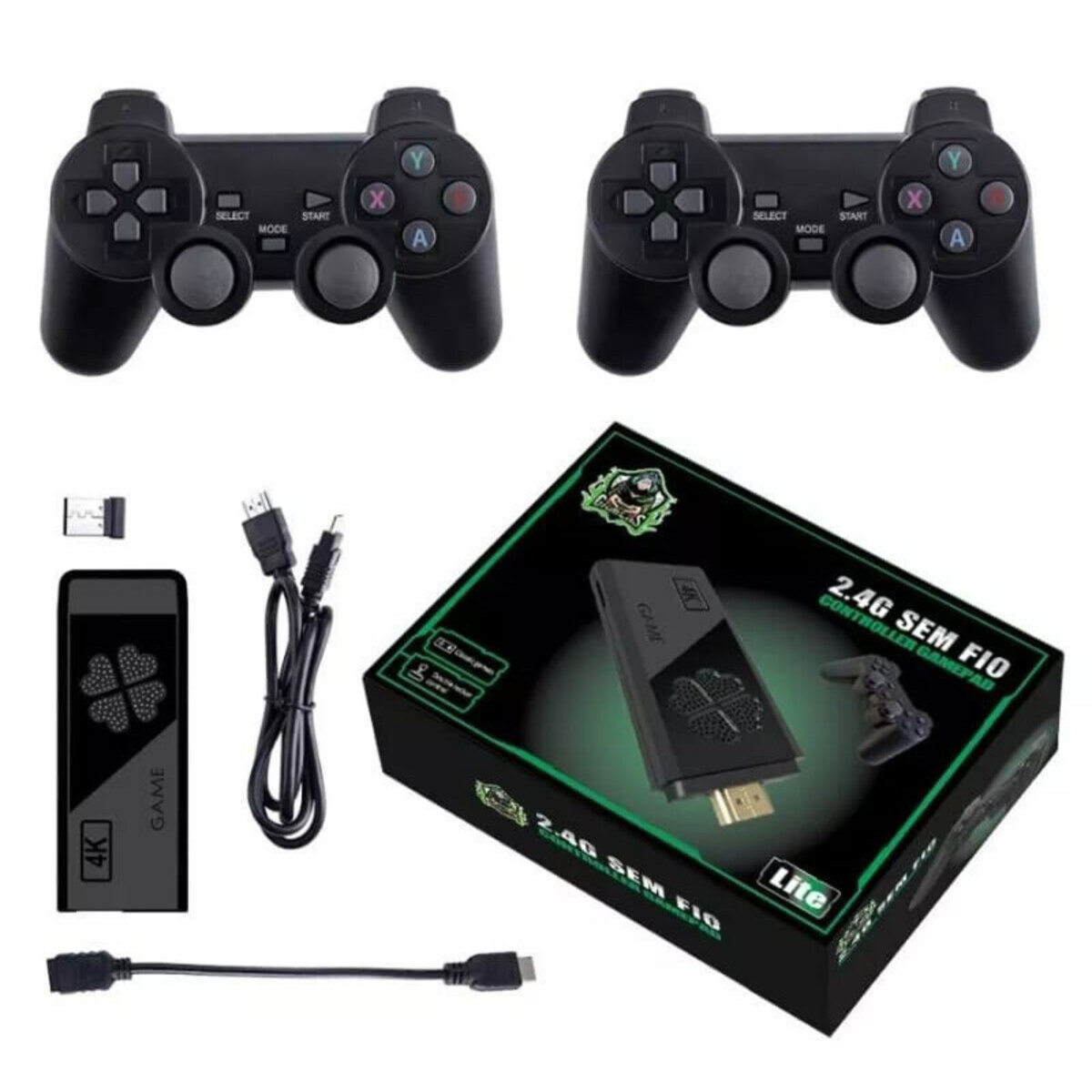 Dos mandos de juego negros y una caja con una consola de juegos. La caja tiene un mando.
