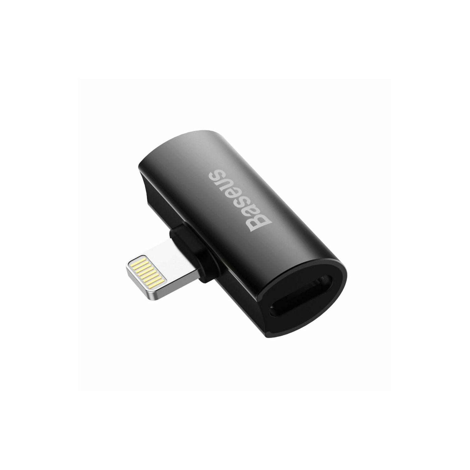 Schwarzer Adapter mit Lightning-Anschluss und USB-C-Anschluss, weißer Hintergrund.