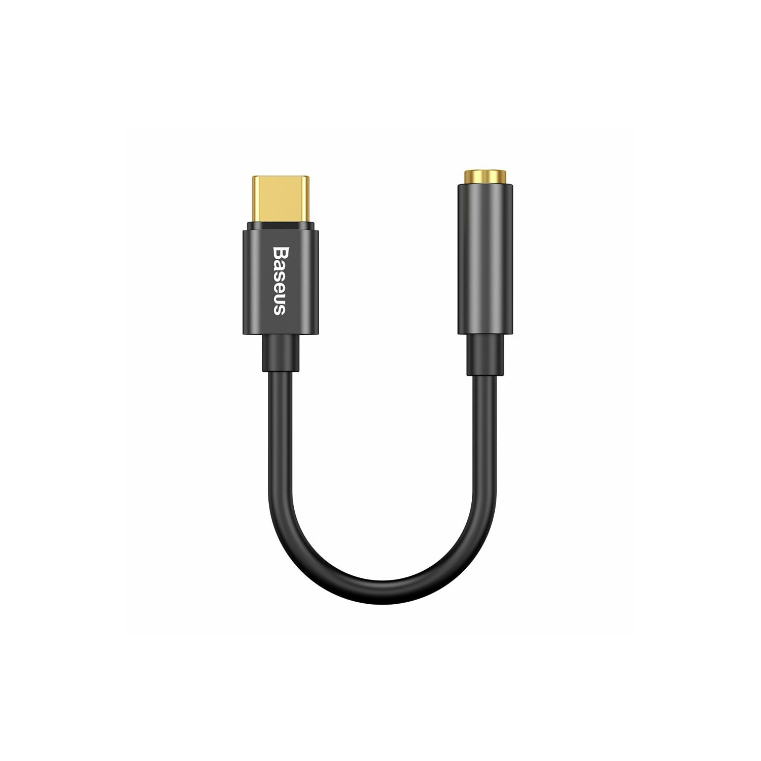 Czarny adapter audio USB-C na AUX. Złota wtyczka znajduje się po prawej stronie.