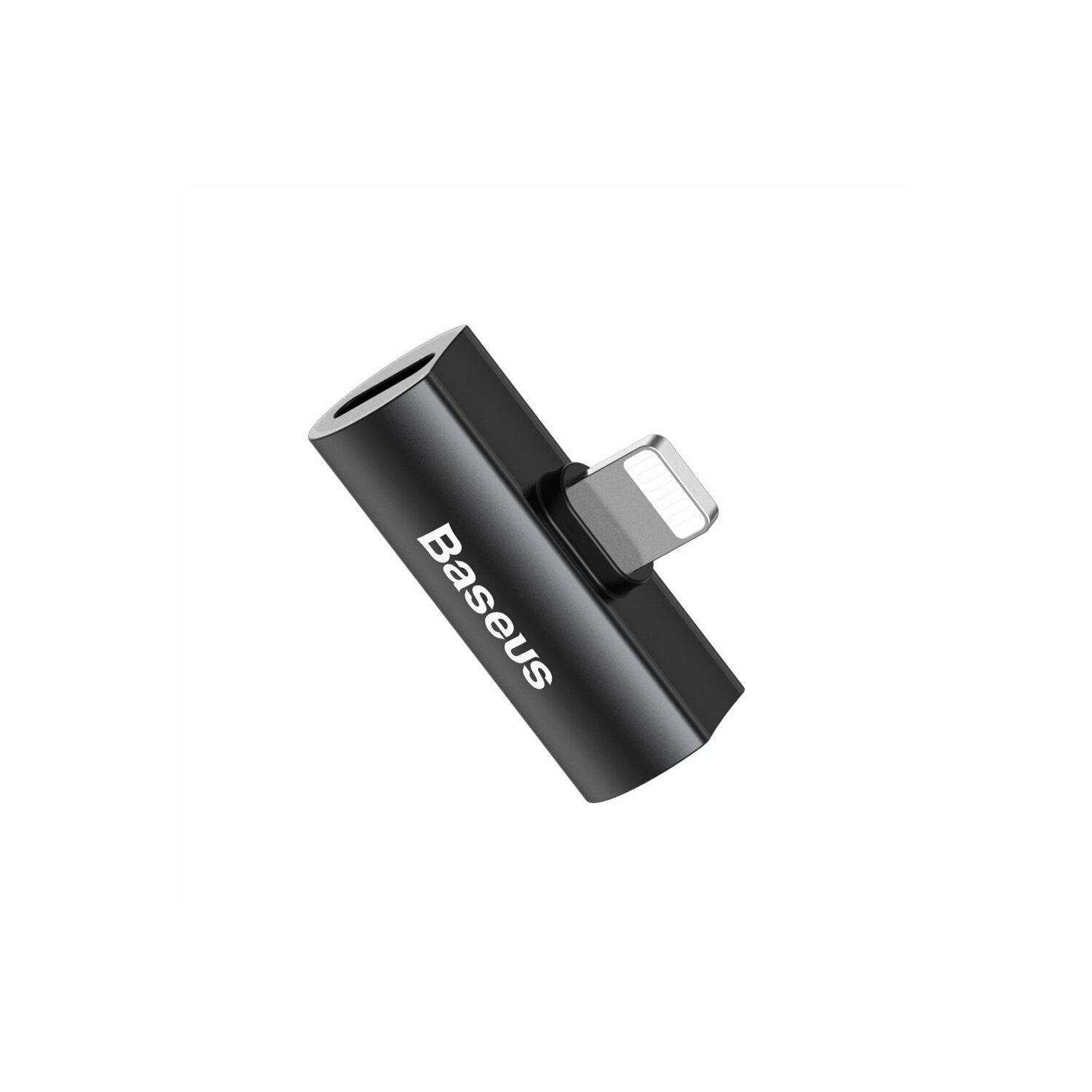Schwarzer Baseus-Adapter mit Lightning-Anschluss und Kopfhöreranschluss auf weißem Hintergrund.