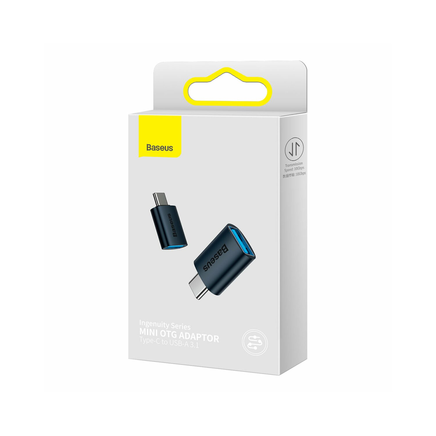 Adapter mini OTG Baseus w pudełku, z białym tłem. Jest czarny i niebieski.