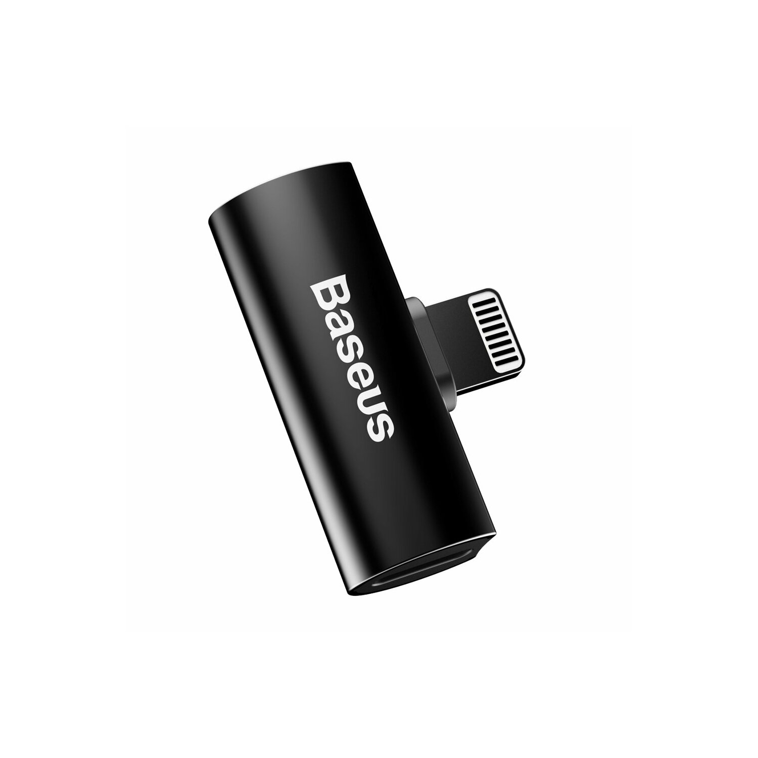 Ein schwarzer Baseus-Adapter mit Lightning-Anschluss und USB-C-Anschluss. Weißer Hintergrund.